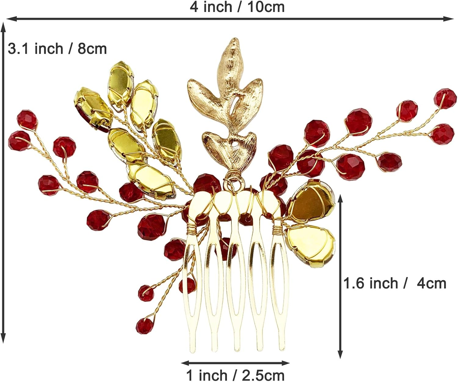 BETITETO Crystal Bridal Hair Comb Wedding Gold Vine Leaf Rhinestone Hair Piece Accessories for Women Girls (Red) - Green,Red image number 6
