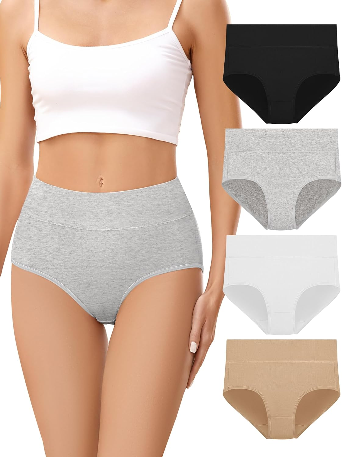 VOENXE Women'S Cotton Underwear High Waisted Ladies Panties,Comfortable Stretchy Full Coverage Brief,Breathable Undies,4 Pack