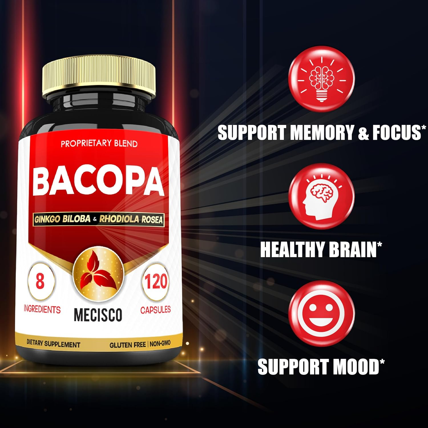 34100Mg Bacopa Supplement Added Ginkgo Biloba, Rhodiola Rosea, Gotu Kola, St Johns Wort, Ashwagandha Root, Rosemary Leaf, Black Pepper - Relax Mood, Memory & Brain Health - 120 Capsules for 2 Months image number 1