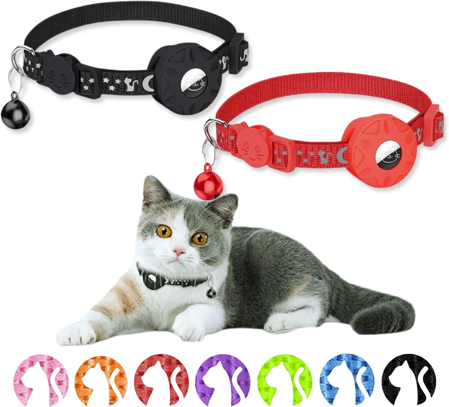 Airtag Cat Collar Adjustable Safety Buckle Bell Night Reflective with Apple Air Tag Holder Sturdy Durable Suitable for Cats Dogs (Black & Red)