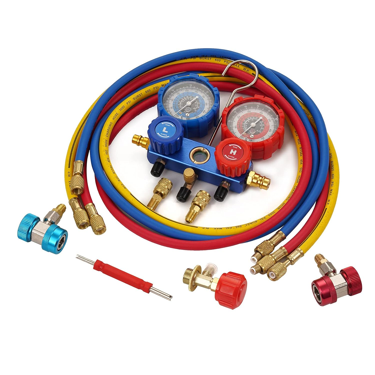 3-Way A/C Diagnostic Manifold Gauge Set Refrigeration Machine for Vacuum Evacuation, Fits R410, R134A, R22, R404A Refrigerants, with Hoses, Couplers, Can Tap, Instruction image number 4