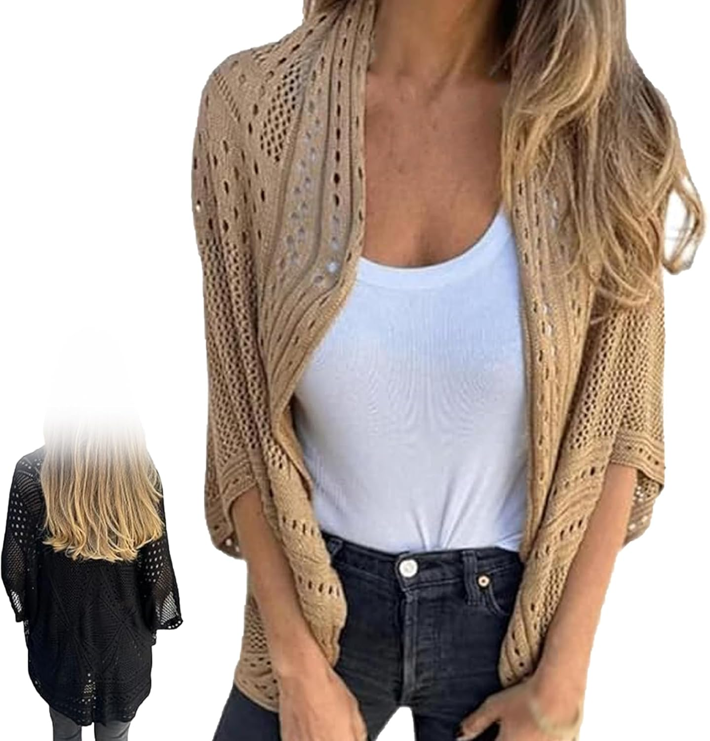 Arisefrom Hollow Half-Sleeve Cardigan, 2025 New Womens Crochet Hollow Out Knit Tops, Lightweight Hollow Knit Half-Sleeve Cardigan, Women Summer Sweater Lightweight