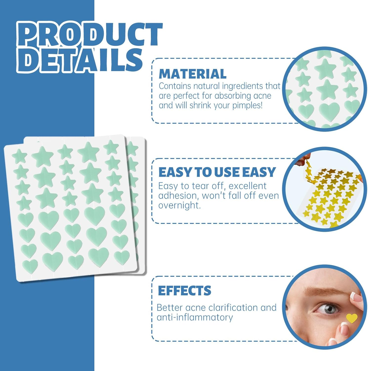 288Pcs Hydrocolloid Acne Patches, Multiple Colors Star Pimple Patch Pimple Patches, Cute Acne Patches in Multiple Sizes for Day and Night (2 Sheets * 4 Patterns) image number 3
