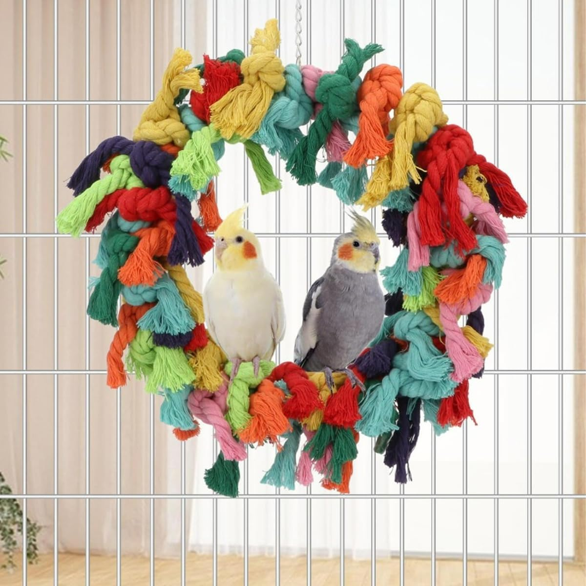 AIMALL Large Cotton Rope Ring Bird Toy for Parrots - 11.8 Inch, Colourful Parrot Swing and Biting Chew Toy, Fun Bird Activity Ring, 366G image number 1