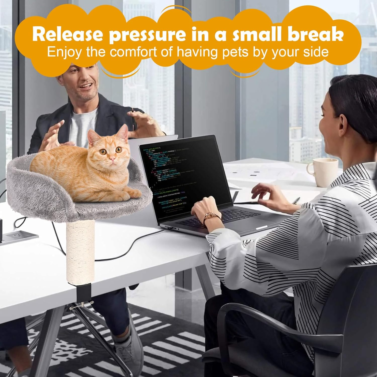 Cat Desk Bed with Scratching Pillar Plush Soft Padding Allow Your Lovely Cat Study and Work with You up to 9 Lb Load