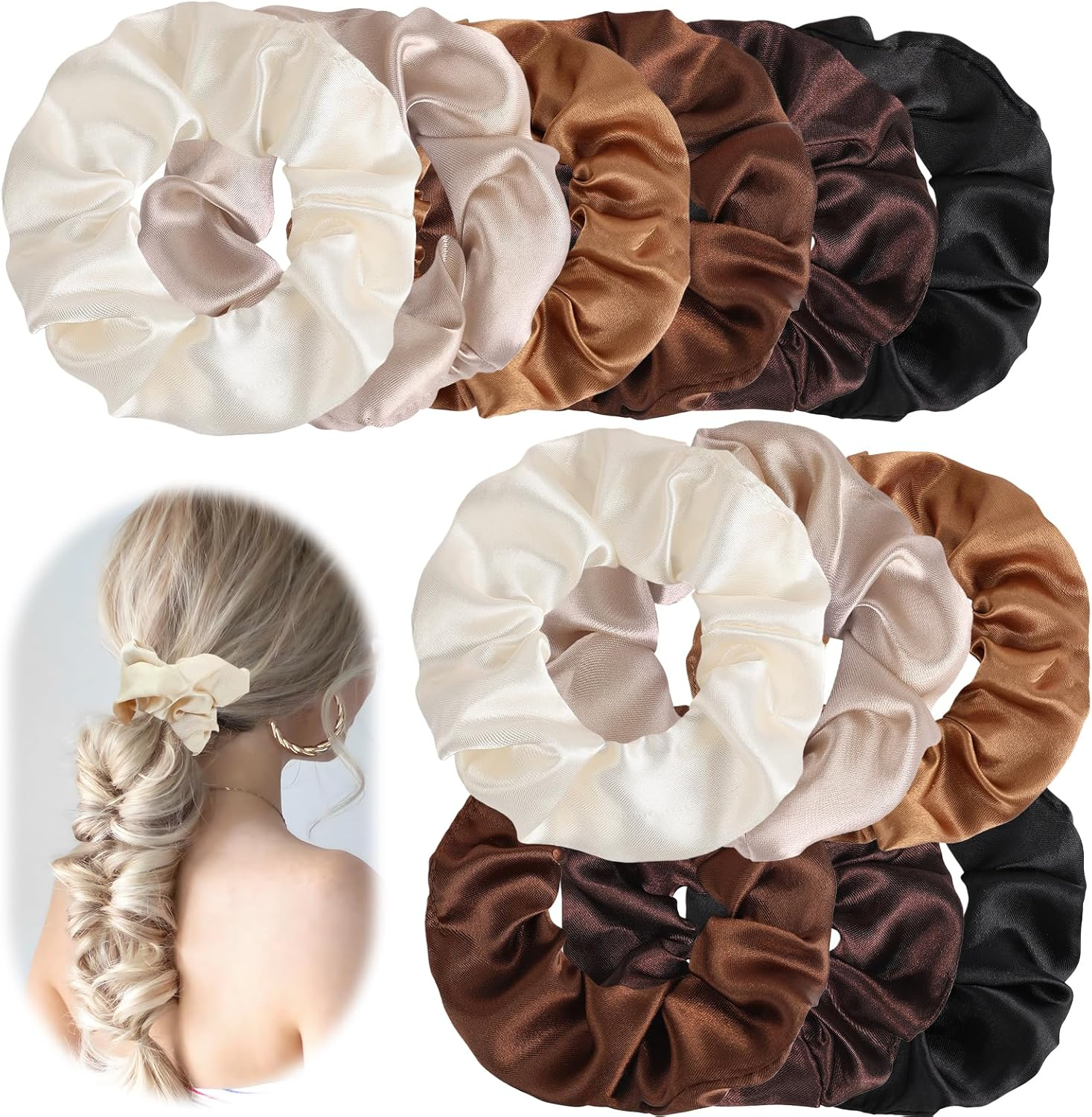 Teccfly 12 Pcs Satin Scrunchies - Big Scrunchy Ponytail Holder,Soft & Elastic for Thick Hair, Elegant Hair Accessories for Women image number 1