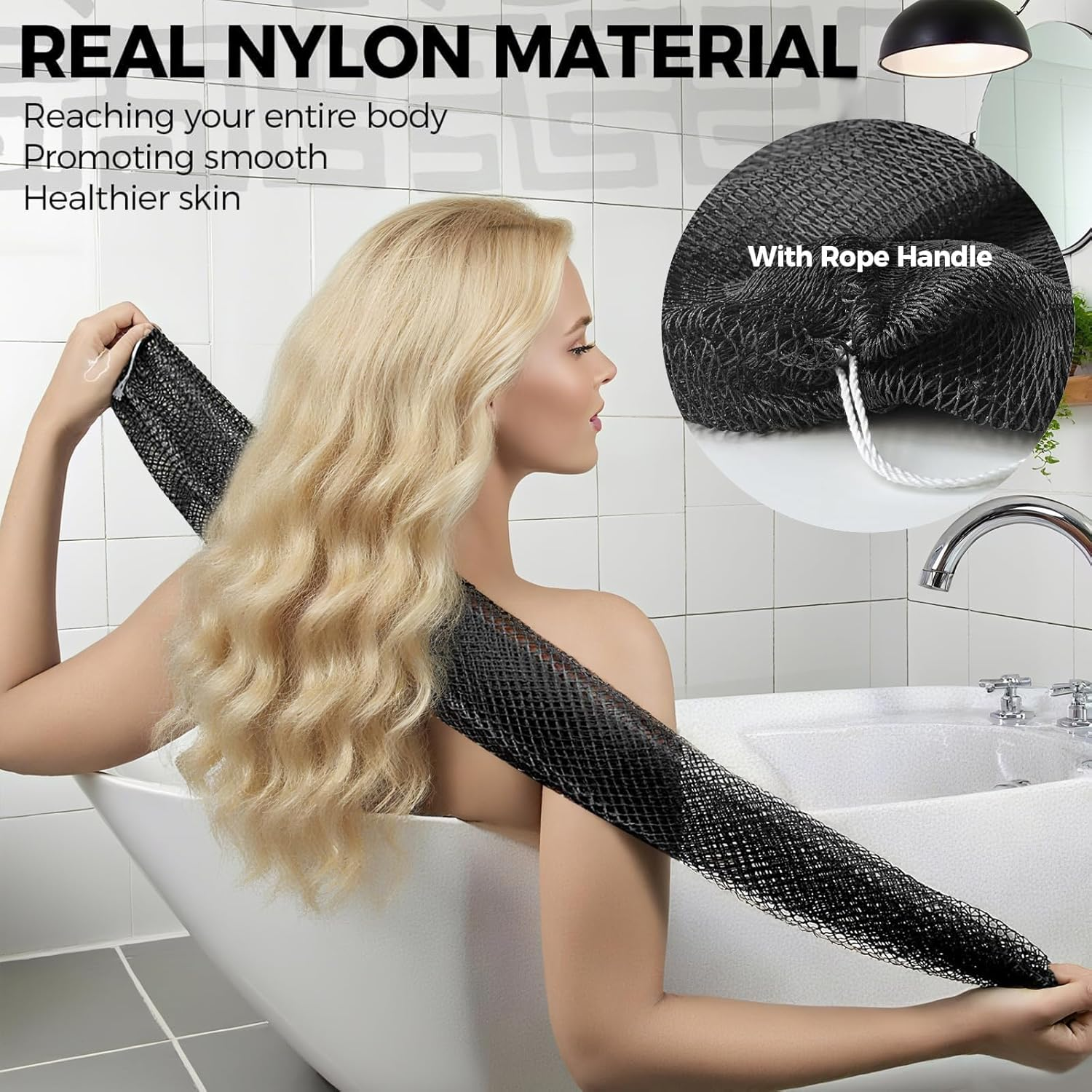 Authentic African Net Sponge with Drawstring, Extra Large Exfoliating Bath Sponge, Long Stretch Mesh Loofah for Shower Back Scrubber Washcloth (Black) image number 2