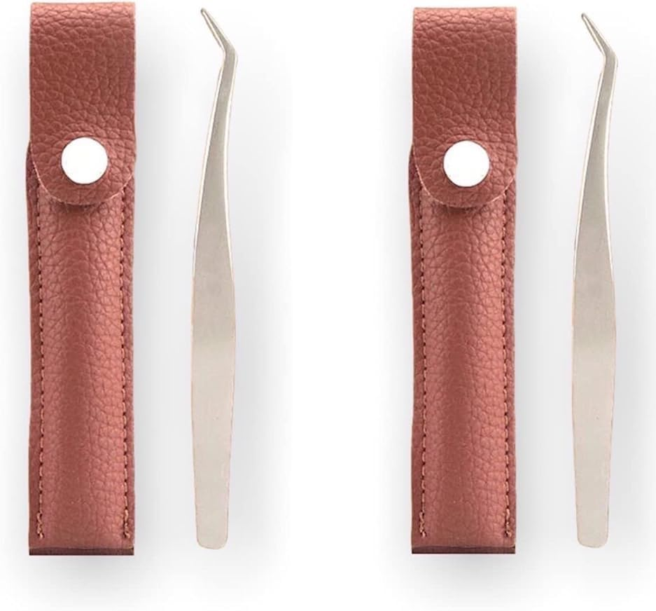 2-Pack Curved Pointed Tip Tweezers Eyelash Extensions Tweezers, Comes with a Leather Storage Case, Stainless Steel Tweezers image number 2