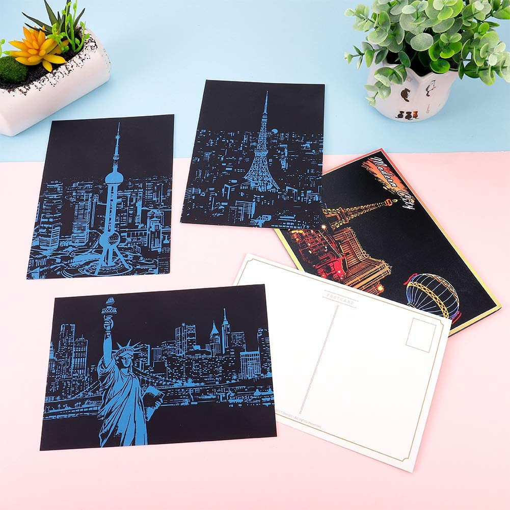 20 Sheets Rainbow Night View Scratch Paper for Arts and Crafts Famous City Landmarks Tool Kit A5 Size image number 4