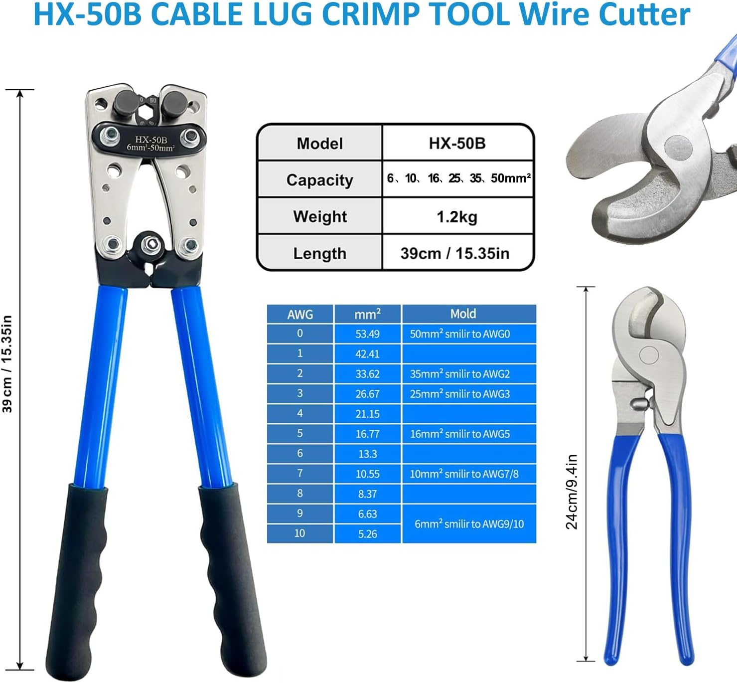 Fullfun Battery Cable Lug Crimping Tool with Wire Cutter for Heavy Duty Wire Lugs, Battery Terminal 6-50Mm&sup2;, Wire Crimper for AWG 10-1/0 Electrical Lug image number 5