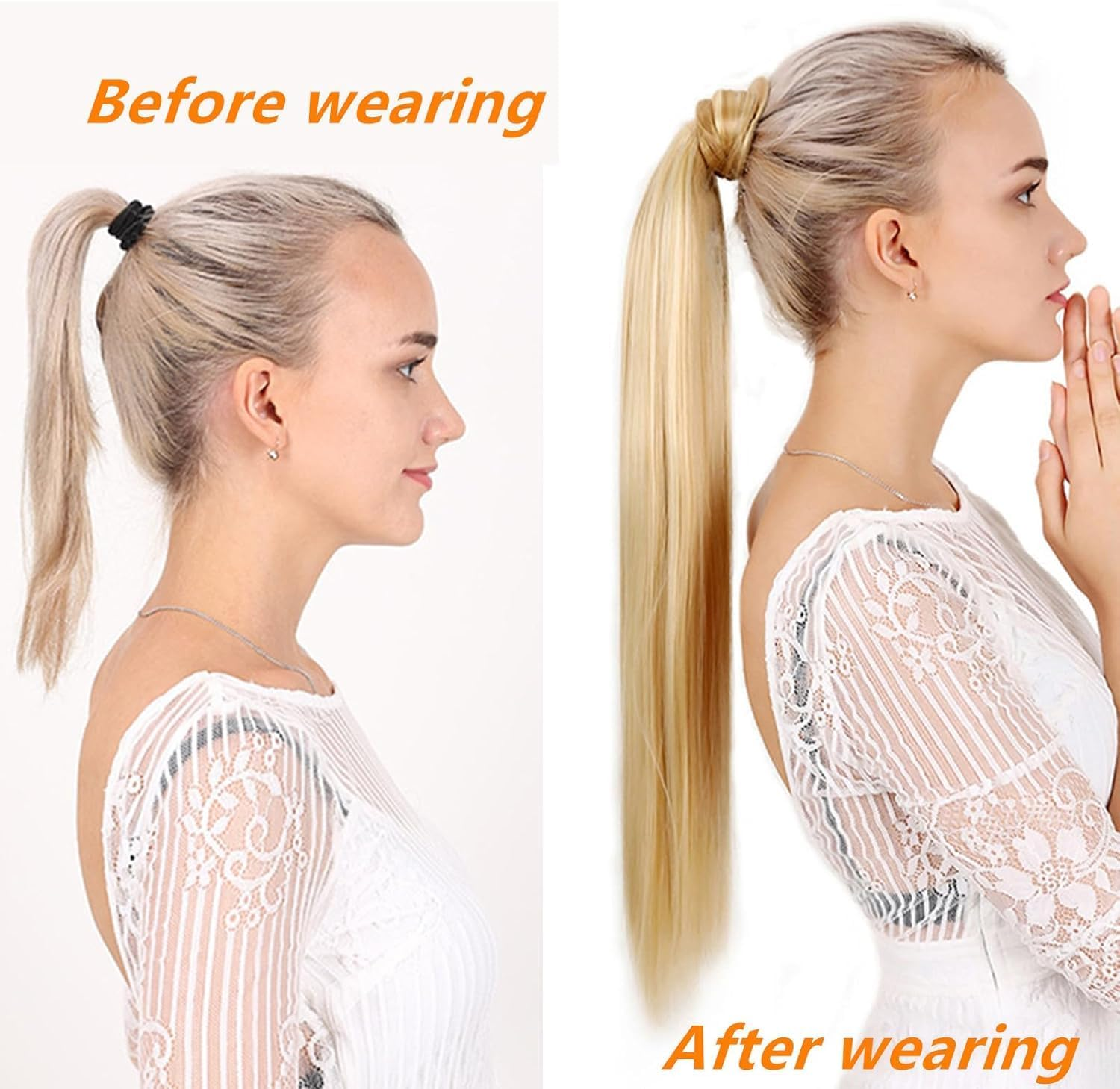 Ash Blonde Ponytail Extension 60Cm Long Straight Wrap around Clip in Synthetic Fiber Hair Ponytail Hair Extensions Hairpiece for Women Girls Daily Wear,120G image number 2