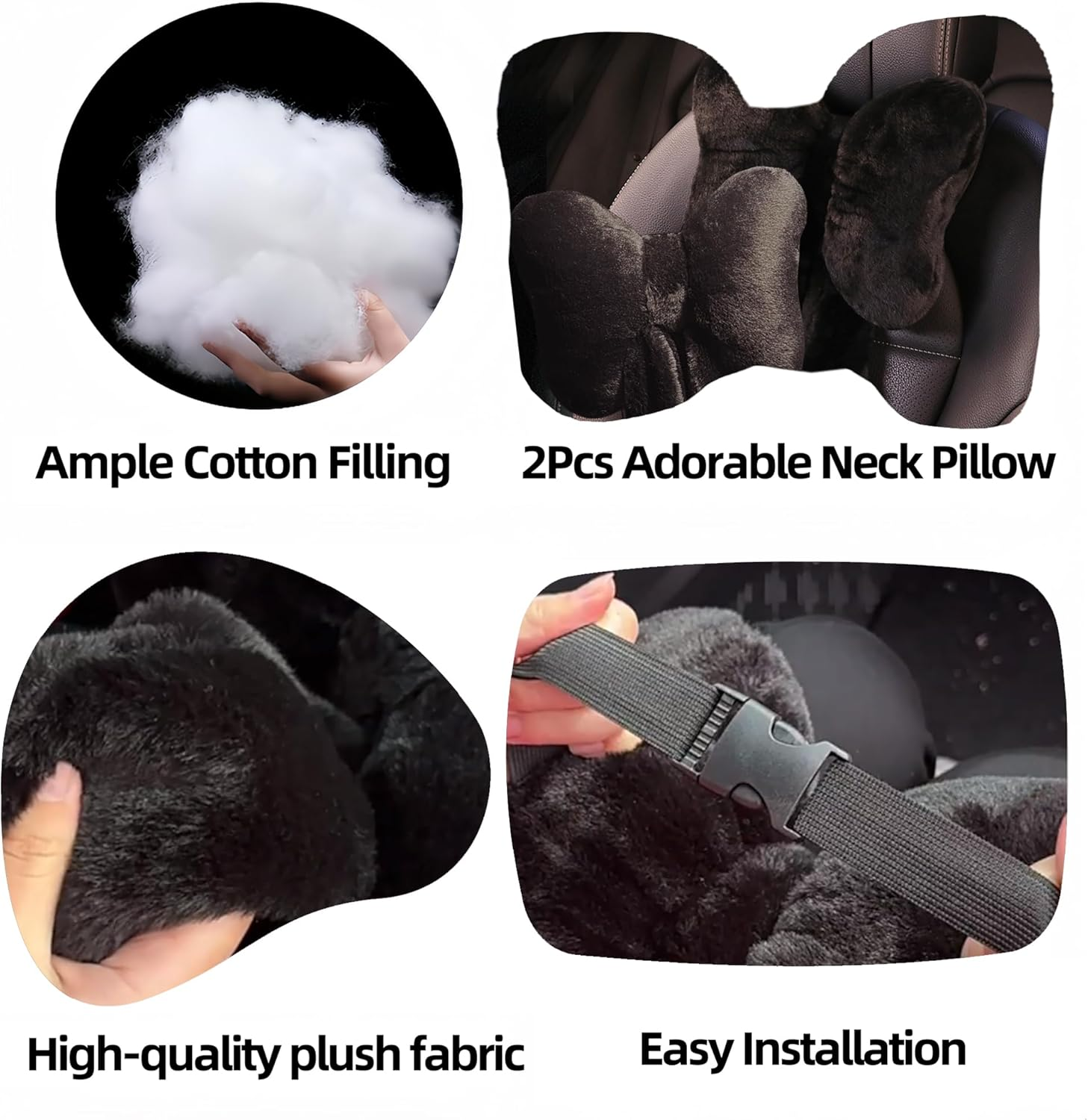 Car Neck Pillow 2PCS Plush Bowknot Car Headrest Pillow &ndash; Comfortable Neck Support for Driving Soft Touch Fabric Car Pillow Cute Girl-Style Interior Decor (Black) - Black image number 4