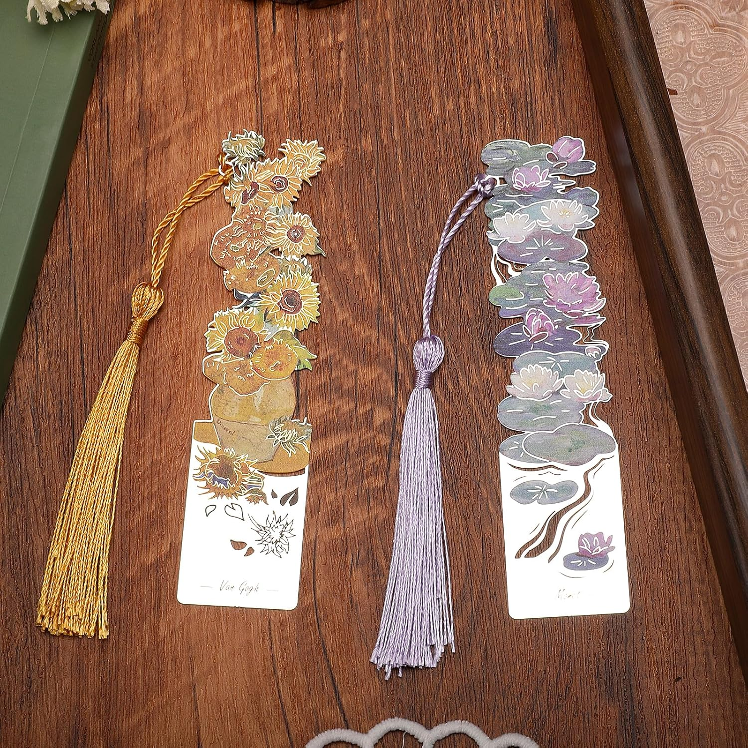 2 PCS Metal Bookmarks with Tassel for Reading Women, Pretty and Beautiful Water Lilies and Sunflowers Design (BKM-046-001) image number 3