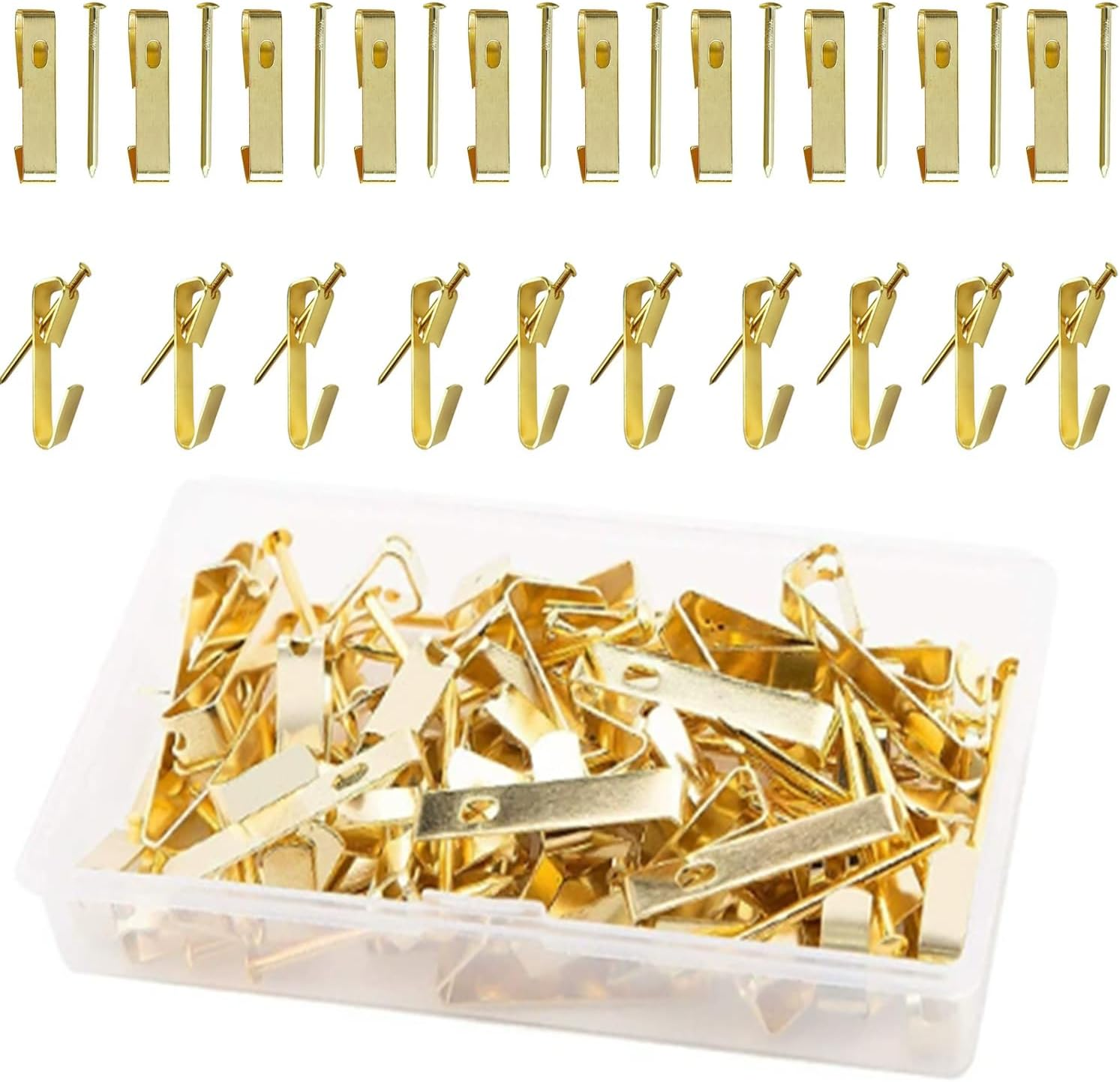 Roczential 50Pcs Picture Hooks for Wall Hanging Kit with Nails 30 Lbs Picture Rail Hooks for Photo Frames, Includes Sawtooth/D Ring/Screw Eyes, Ideal for Drywall Home & Office(Gold)