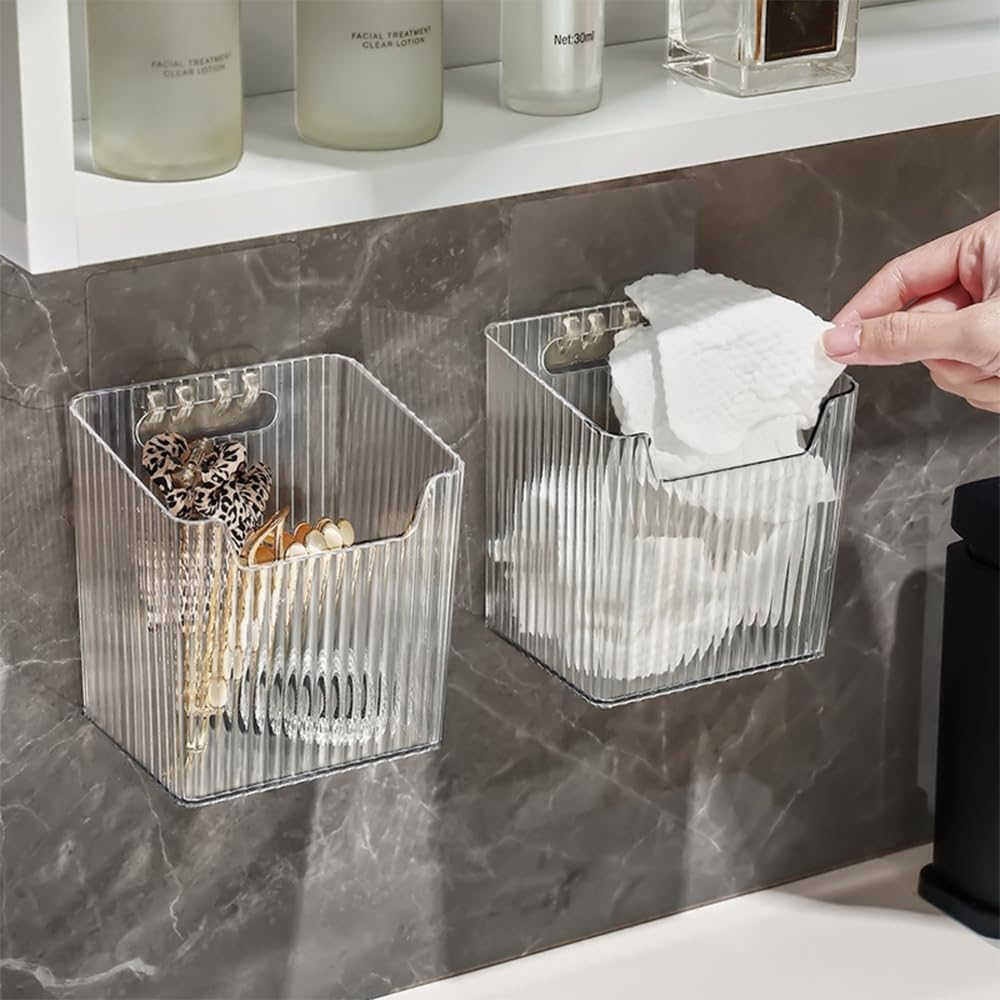 NYGHMY 4 Pcs Wall Mounted Organizers (With 4 Self-Adhesive Hooks), Plastic Transparent Wall Mount Storage Bins for Refrigerator, Kitchen, Bathroom, Office image number 4