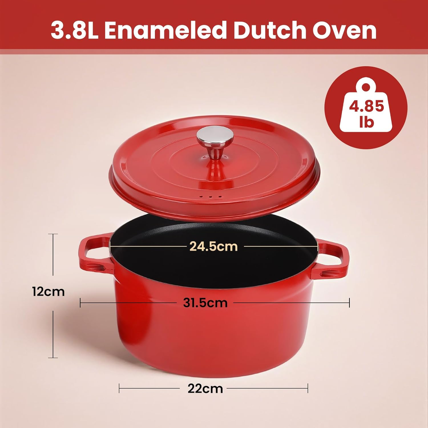 3.8L Enameled Iron Alloy Oven Pot with Dual Handles and Lid Even Heating Cooking Pot for Stewing Braising Boiling image number 6