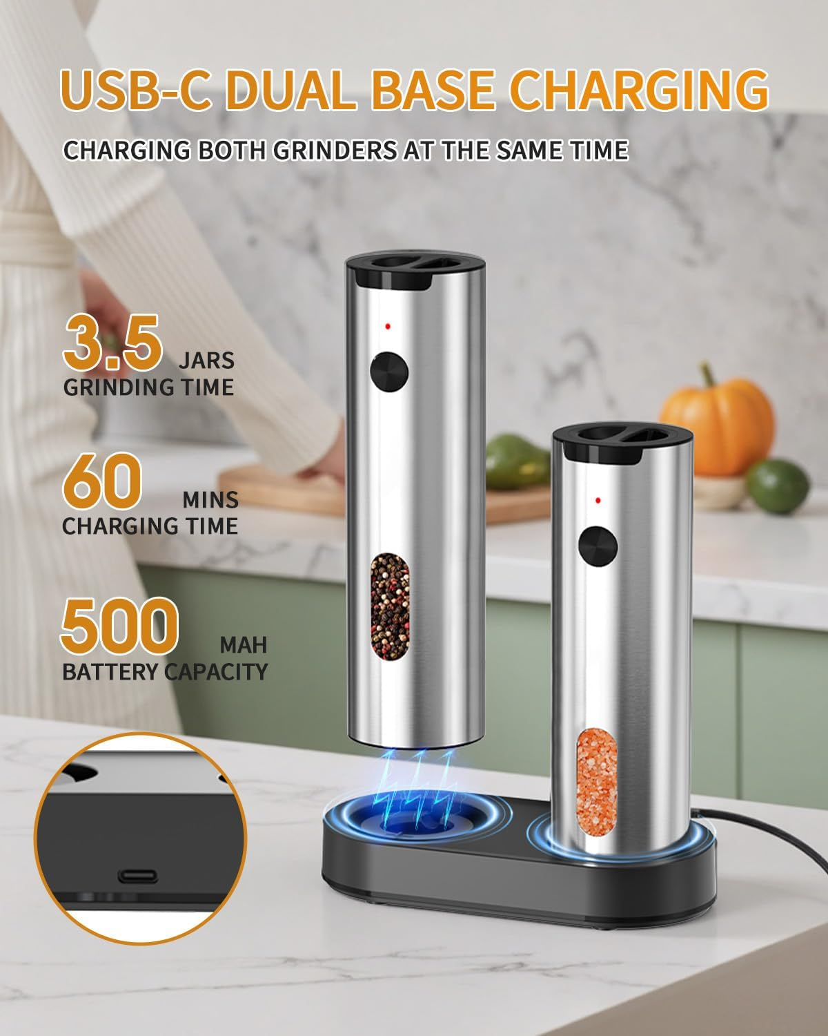 CIRCLE JOY Electric Salt and Pepper Grinder Set with USB Charging Base, Adjustable Coarseness, 110Ml Large Capacity, Stainless Steel Pepper Grinder, Silver image number 3