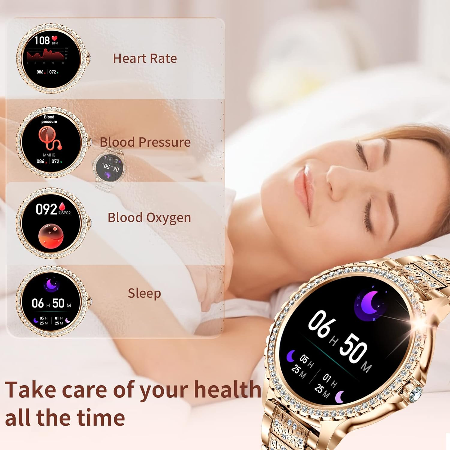 Fitonyo Women'S Smartwatch with Phone Function (Diamond Gold) - Diamond Silver image number 5