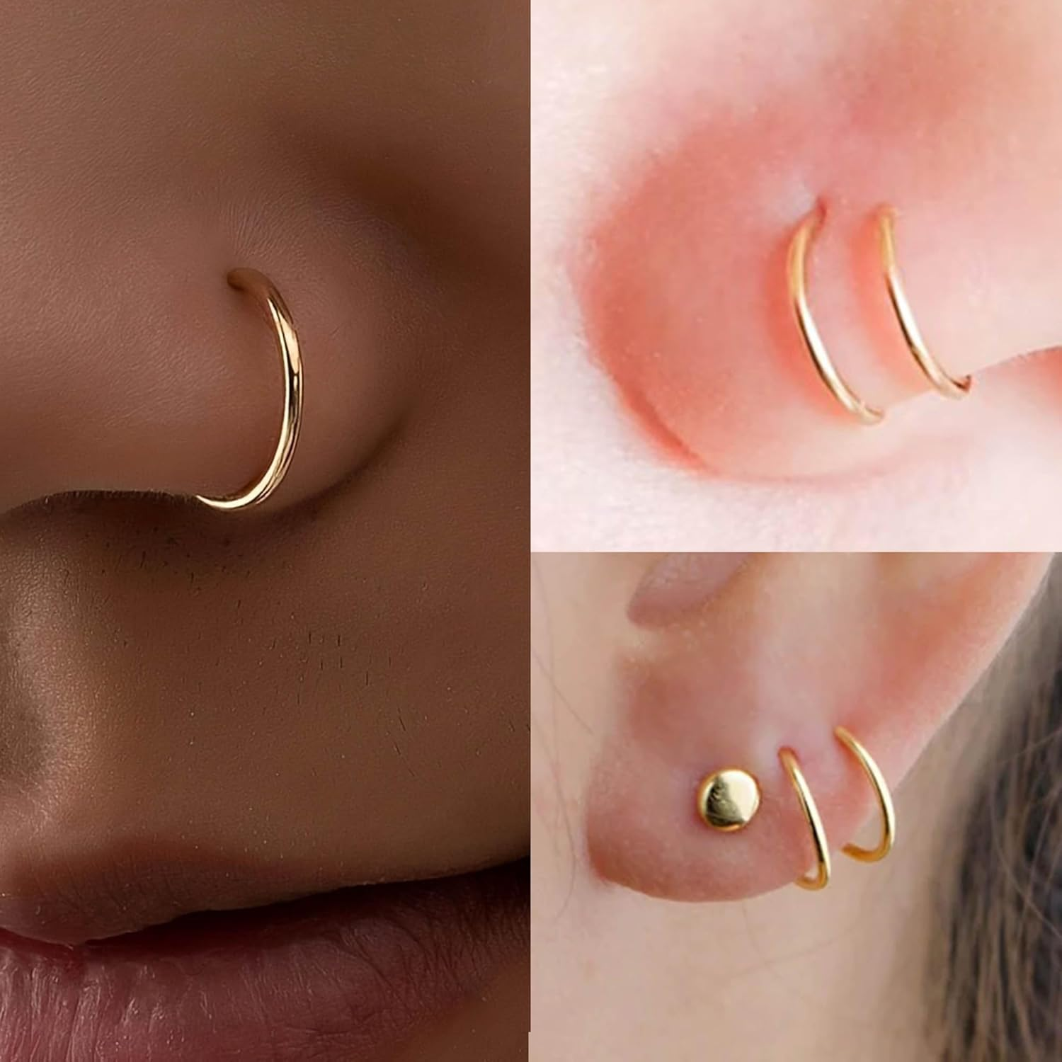 MODRSA Nose Rings Nose Rings Hoops Nose Ring Surgical Steel Nose Piercings Jewelry Double Hoop Nose Rings for Women Silver Gold Nose Rings 20 Gauge - A1 - Silver image number 2