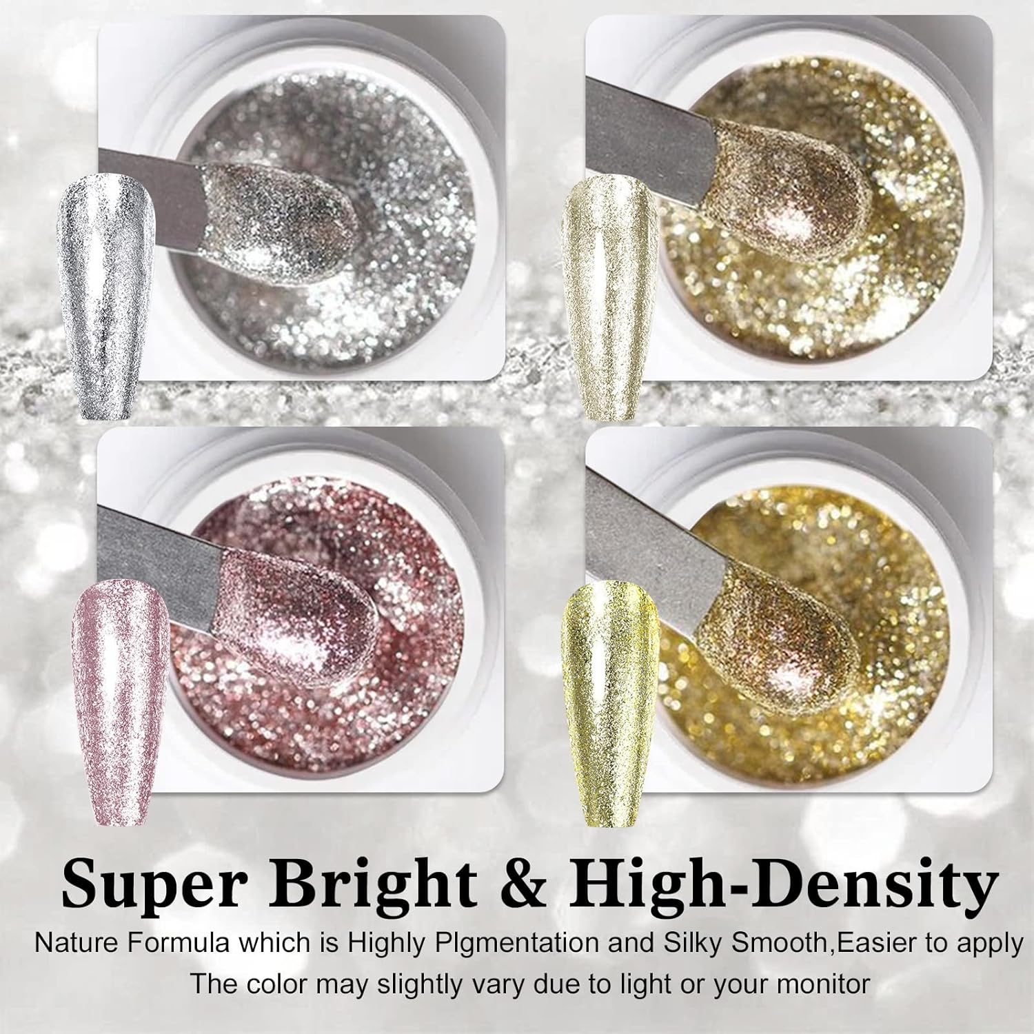 VERONNI Glitter Gel Nail Polish Chrome Platinum Glitter Gel Nail Polish Set, Sparkly Shiny Silver Gold Pink Champagne 4 Colors Nail Art Painting Drawing Home DIY Manicure Nail Salon image number 2