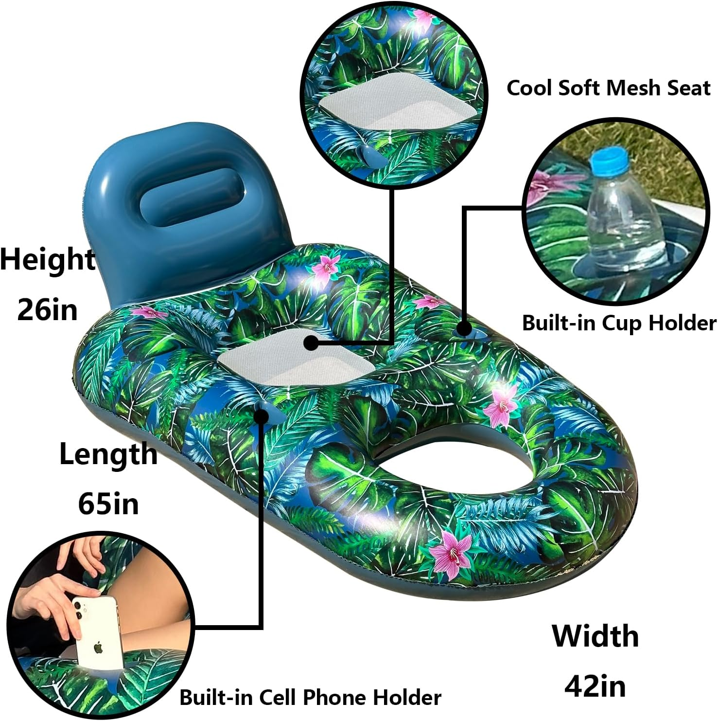 Finduwill Pool Floats Chairs Adult - 2 Pack 65'' X 42'' Large Pool Float Chairs, Inflatable Pool Lounger with Cup Phone Holder, Backrest, Footrest, Tanning Pool Lounge image number 5