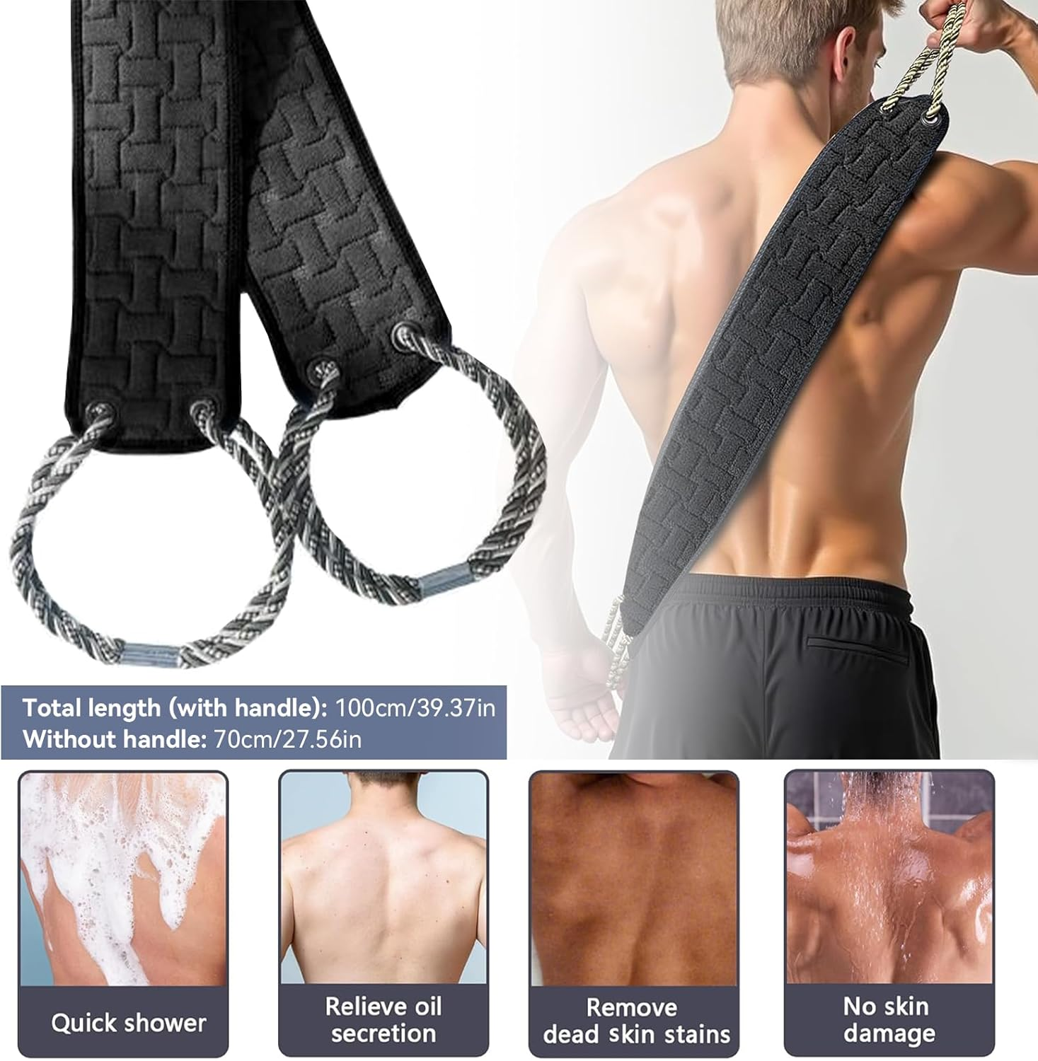 Exfoliating Back Scrubber for Shower,100Cm Double-Sided Bath Scrubber with Handles, Deep Cleaning Body Washcloth for Men & Women, Long Handle Exfoliator for Smooth Skin, Soft & Durable (Black) - Black image number 4