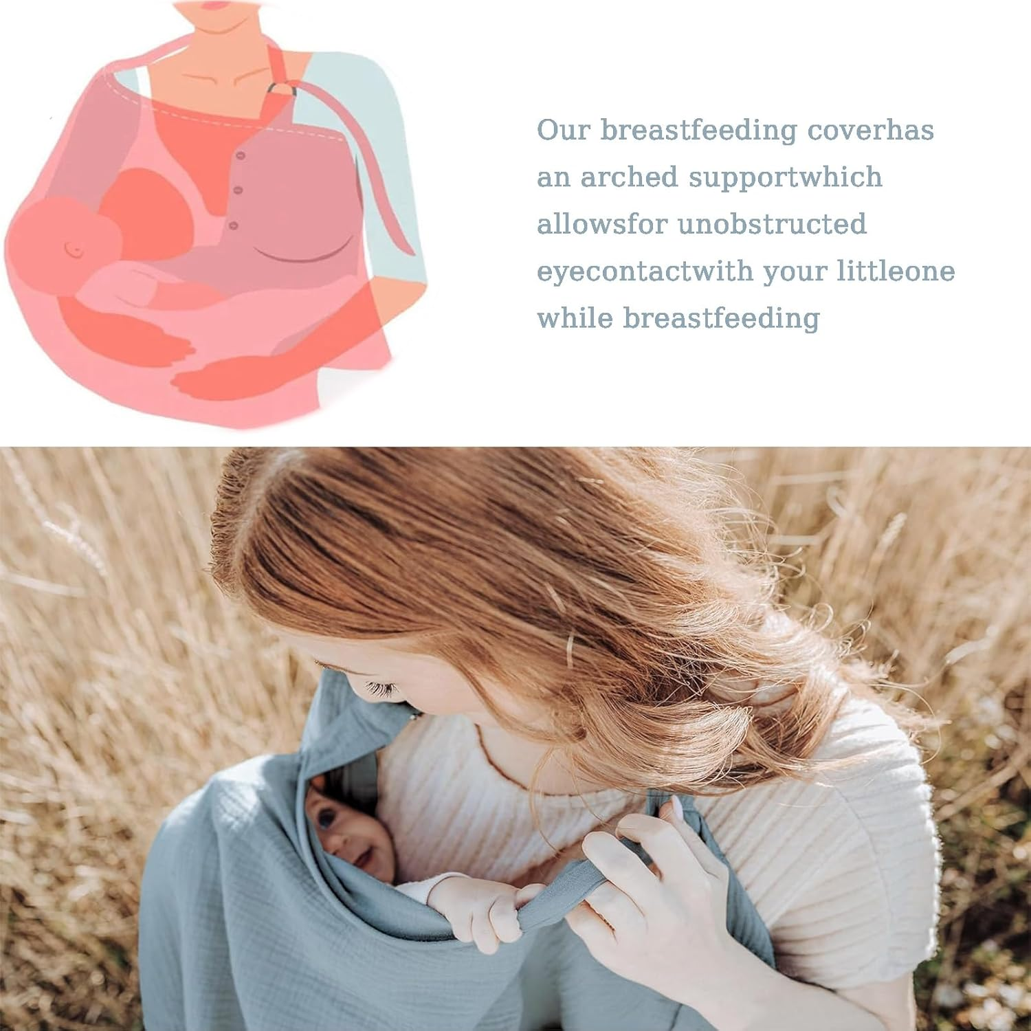 Muslin Nursing Covers for Breastfeeding,100% Cotton Baby Car Seat Canopy & Stroller Cover with Adjustable Hoop, Privacy Breast Feeding Cover with Arch Neckline for Mom and Baby image number 2