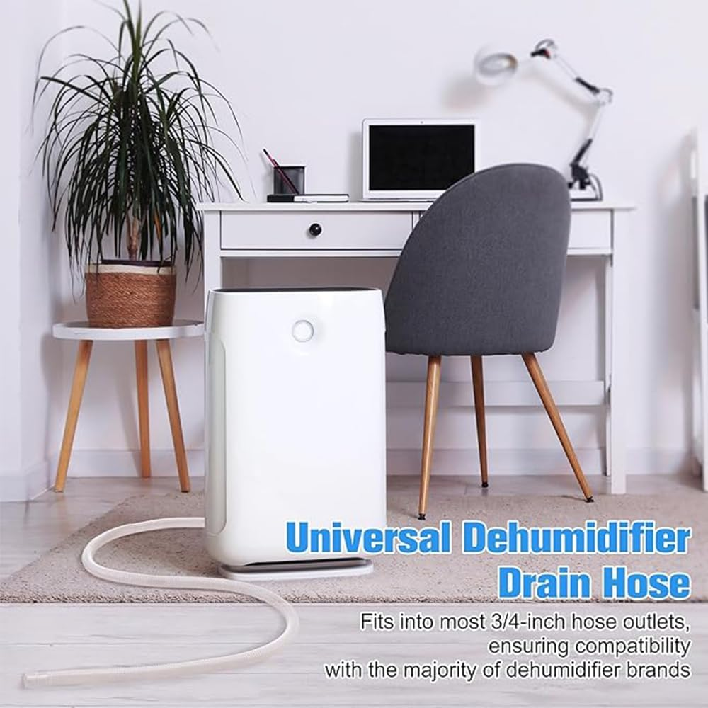 Universal Dehumidifier Drain Hose, 6.5 Feet, White, with Rubber Adapter and Connect Clamp