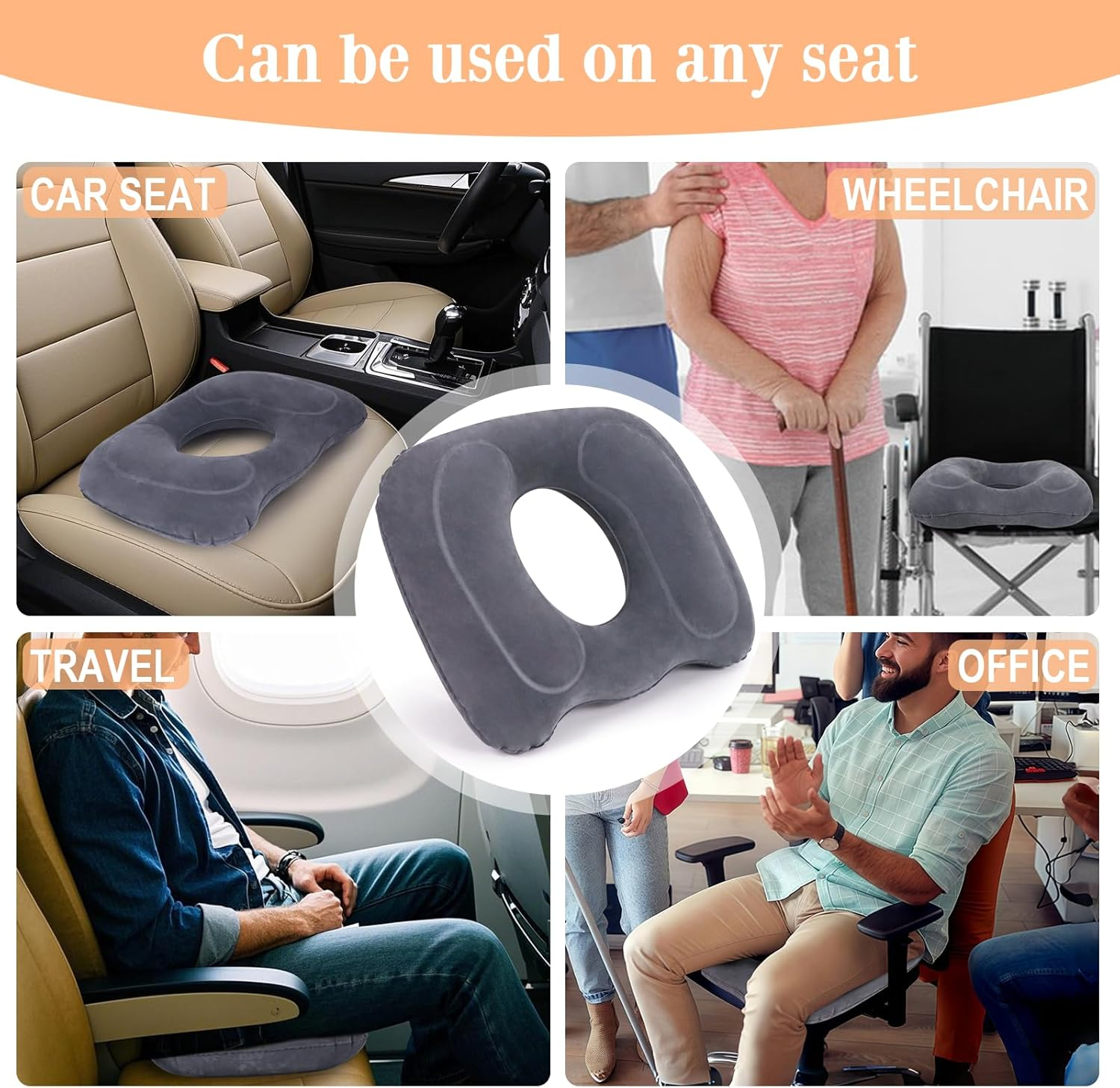 Airswim Inflatable Hemorrhoid Pillows, Donut Pillow for Tailbone Pain, Adjustable Inflatable Seat Cushion for Bed Sores, Postpartum Pregnancy, Car Seat, Airplane, 17.7'' X 15.4'' X 4.3''(Grey) image number 1