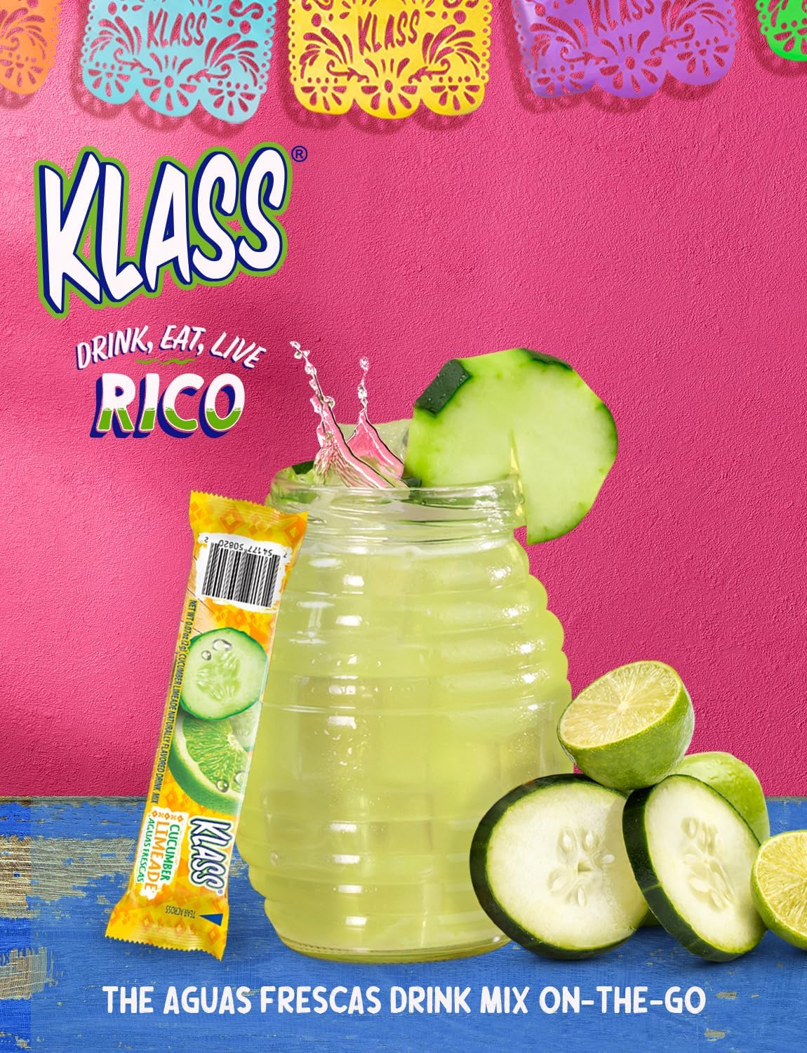 Klass Aguas Frescas Variety Pack - Cucumber Limeade, Strawberry Watermelon, Hibiscus Berries, Pineapple Tangerine (40 Total on the Go Packets)