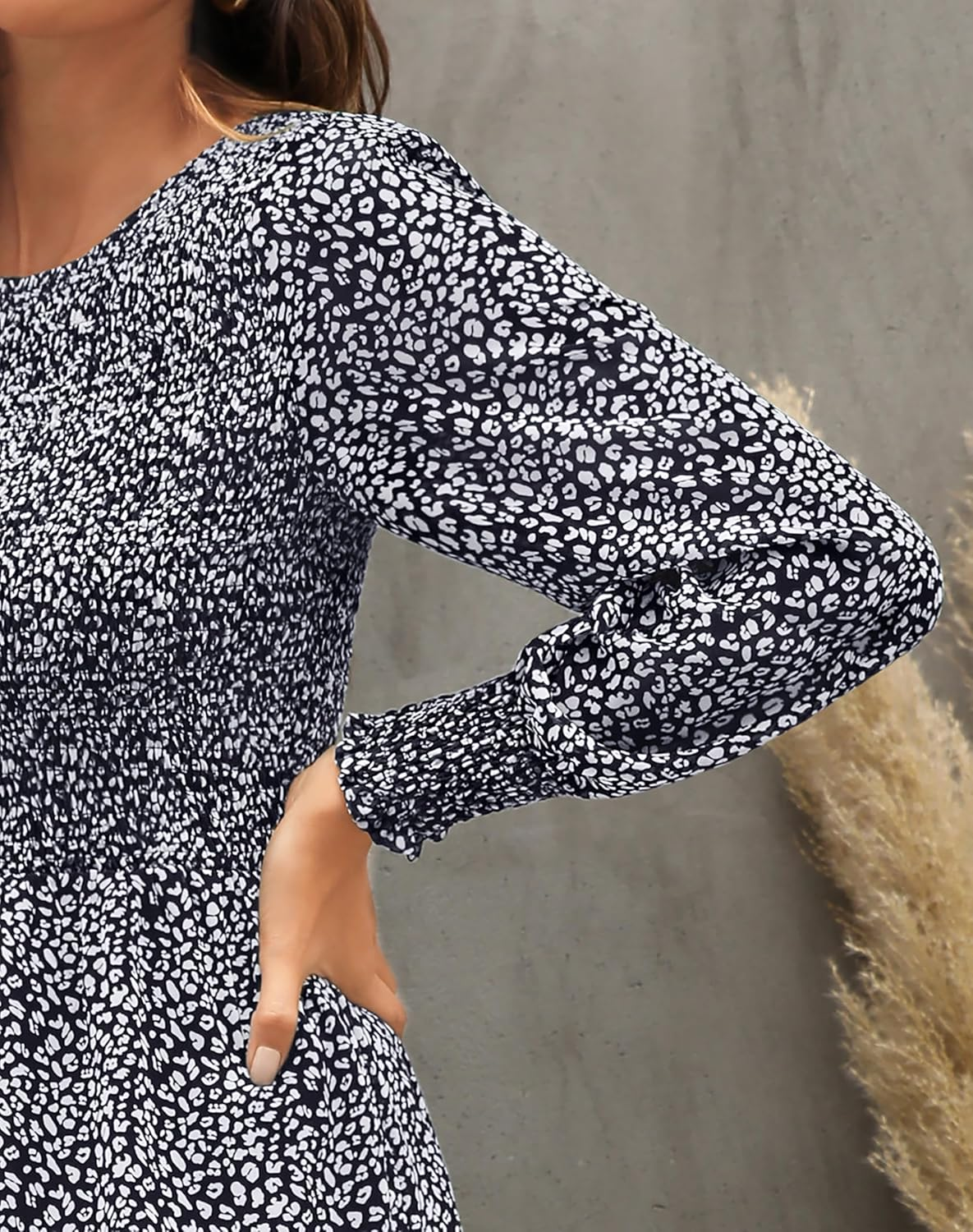 Zattcas Womens Fall Dresses 2024 Casual Long Sleeve Smocked Boho Floral Tiered Midi Wedding Guest Dress with Pockets image number 6