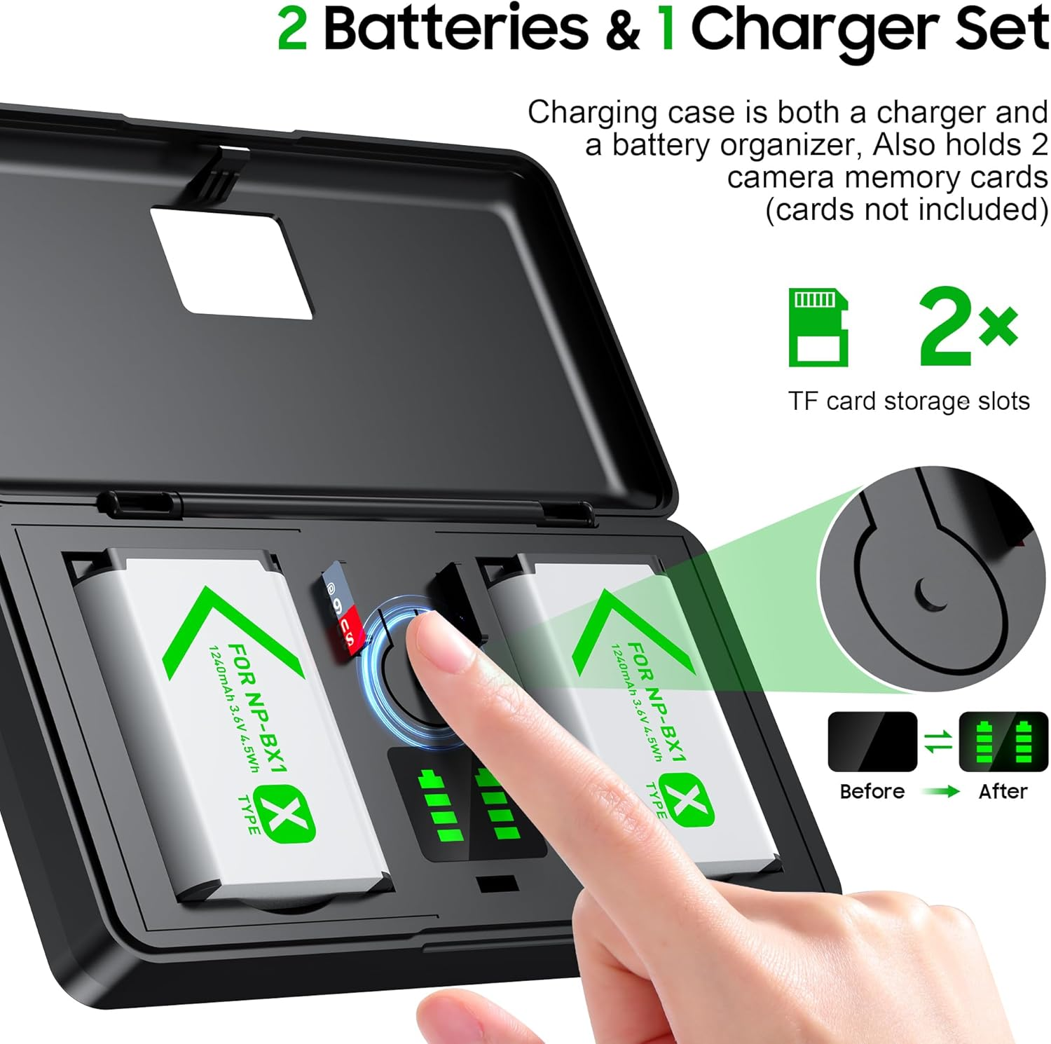 NP-BX1 Battery(2 Pack) and Charger(2Ch) Set,Camera Accessories Kit for Sony Lithium Ion NP-BX1,RX100 VII/VIII,ZV1 II,ZV1F,ZV-1F,DSC-HX400,RX1 Rechargeable Dual Batteries Case,Replacement Attachments image number 4