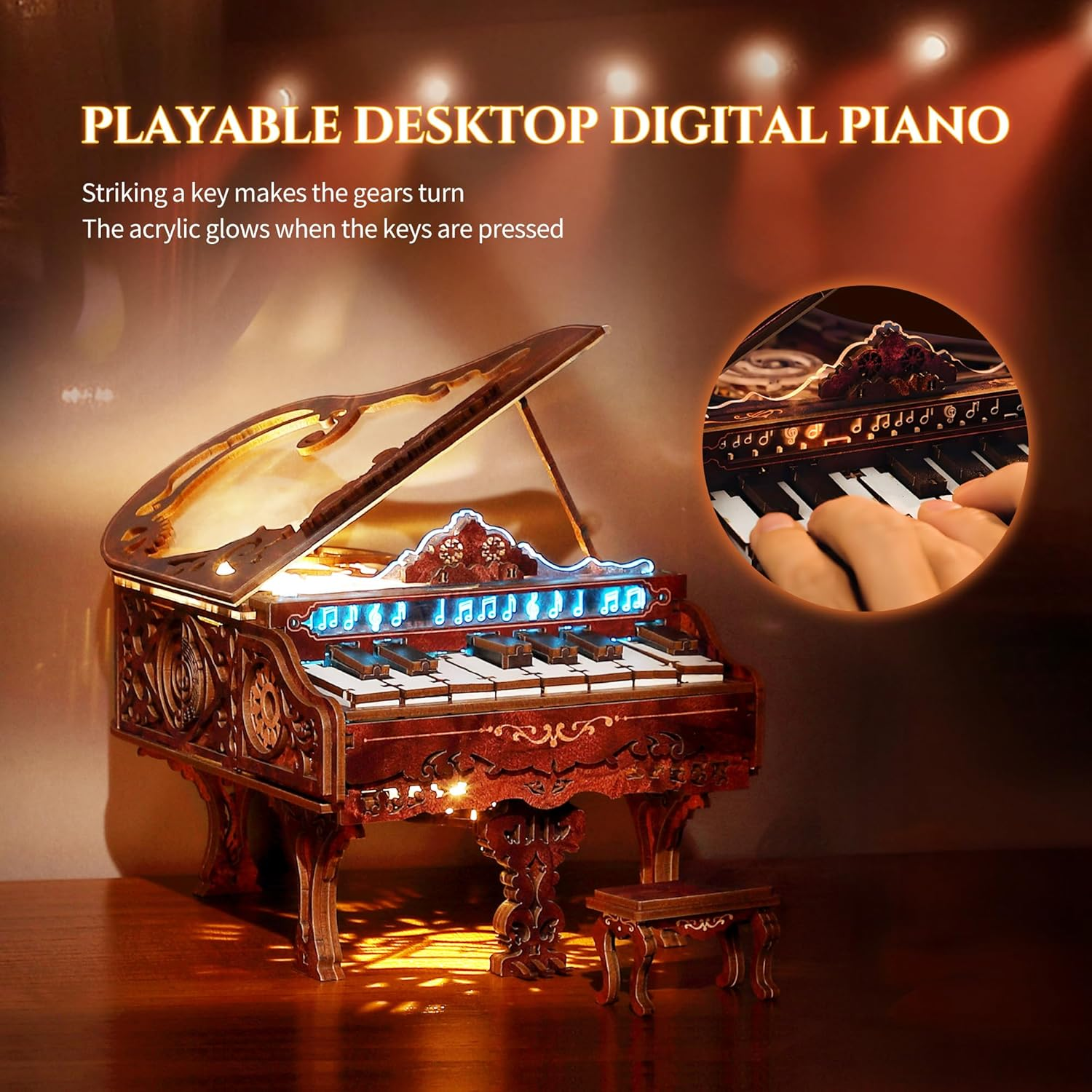 FUNPOLA 3D Wood Puzzle Piano Kit Playable Wooden Keyboard Model with LED Lights Interactive Craft Kit & Digital Piano Puzzle for Adults and Kids (With LED) - Without Led image number 2