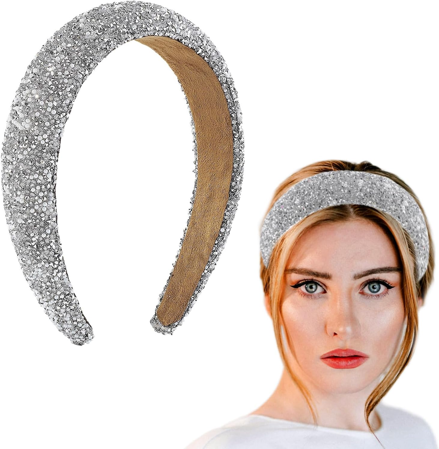 AWOCAN Rhinestone Headbands for Women Diamond Bling Rhinestone Wide Hairband Sparkle Beaded Crystal Headband Thick Padded Headband for Party Non Slip Glitter Hair Hoop (Black, L)