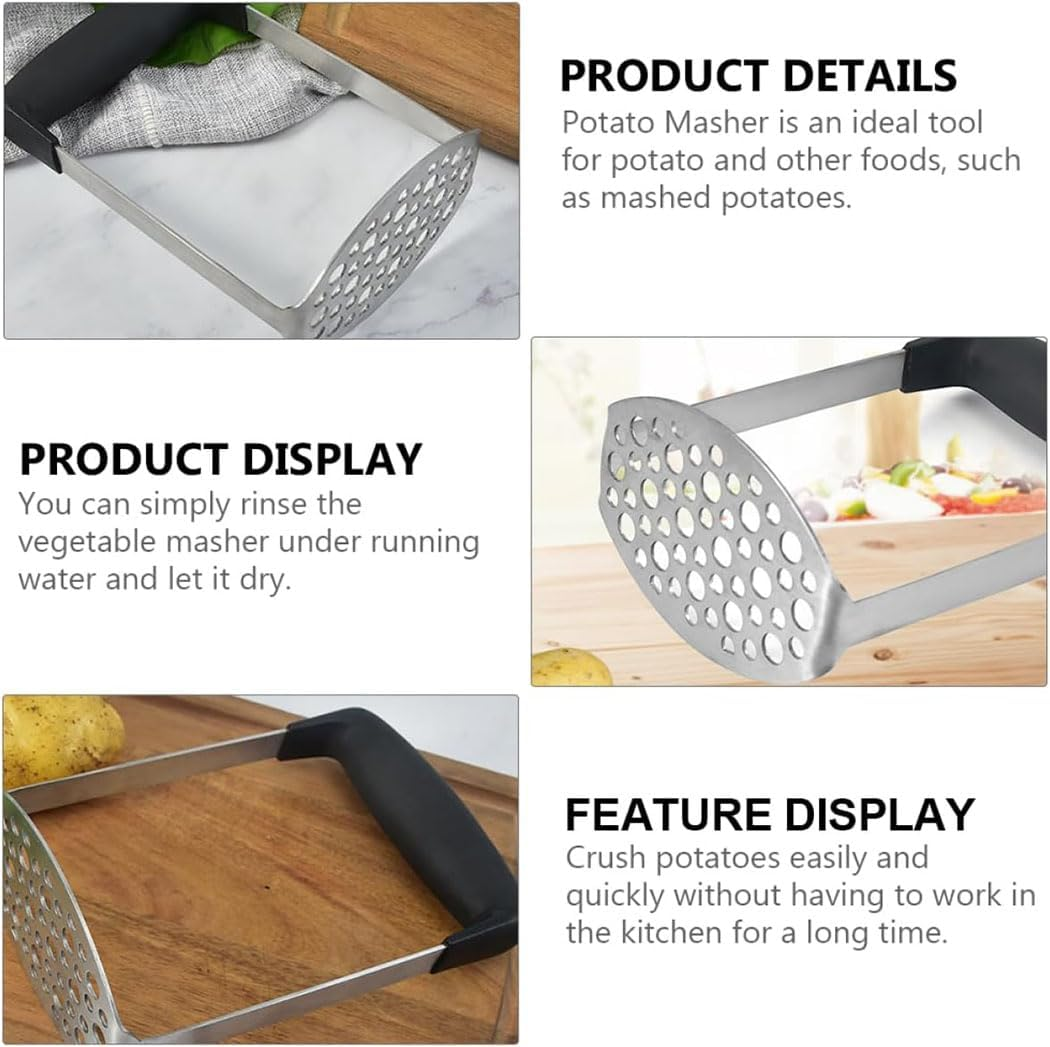 Potato Masher, Heavy Duty Mashed Potatoes Mental Masher, Stainless Steel Professional Fine Plate for Smooth Mashed Potatoes, Soft Grip and Non-Slip Handle, Black ﻿ image number 4