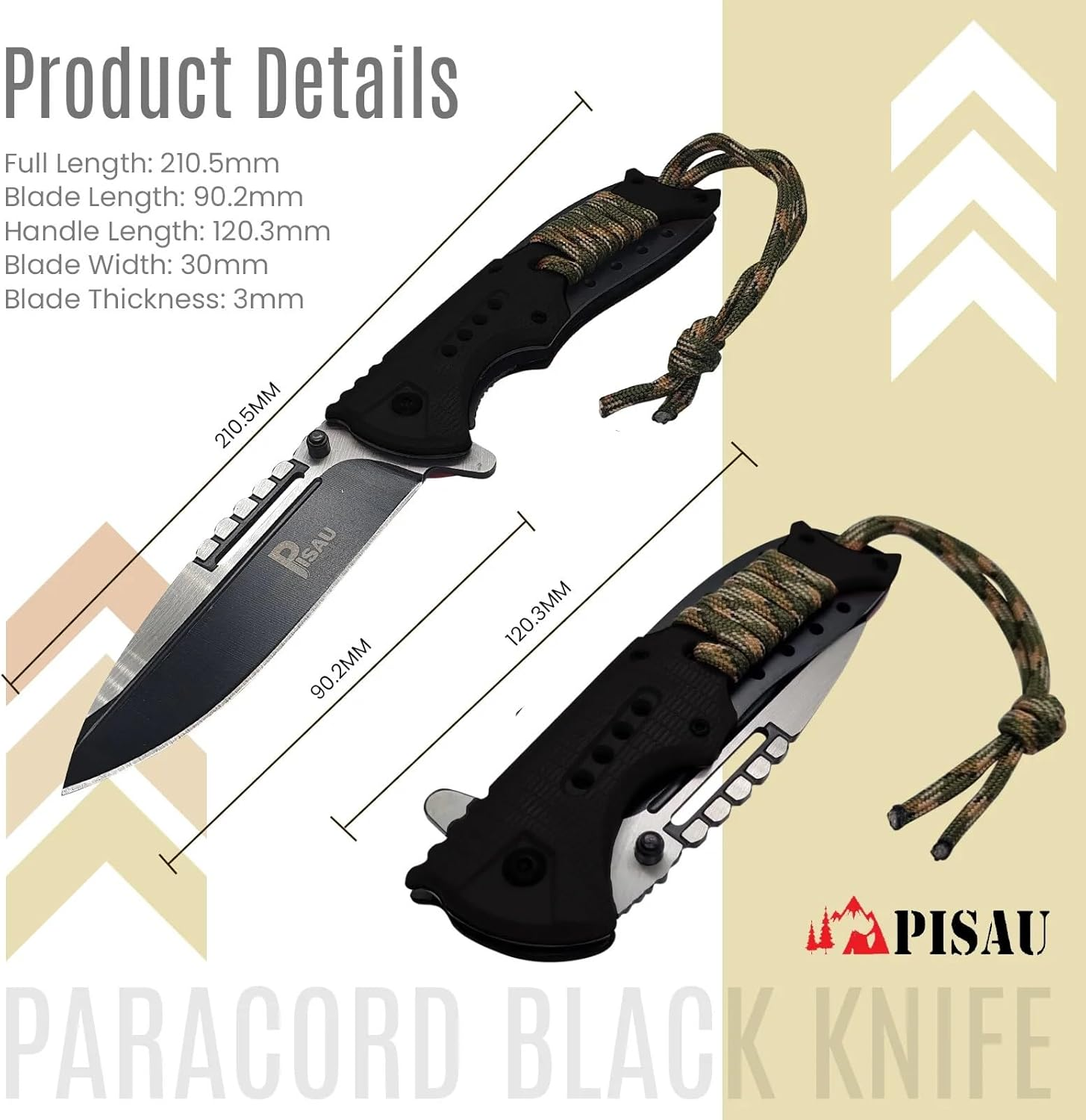 PISAU Stainless Steel Camping Folding Knife with Sheath and Paracord (Black) image number 3