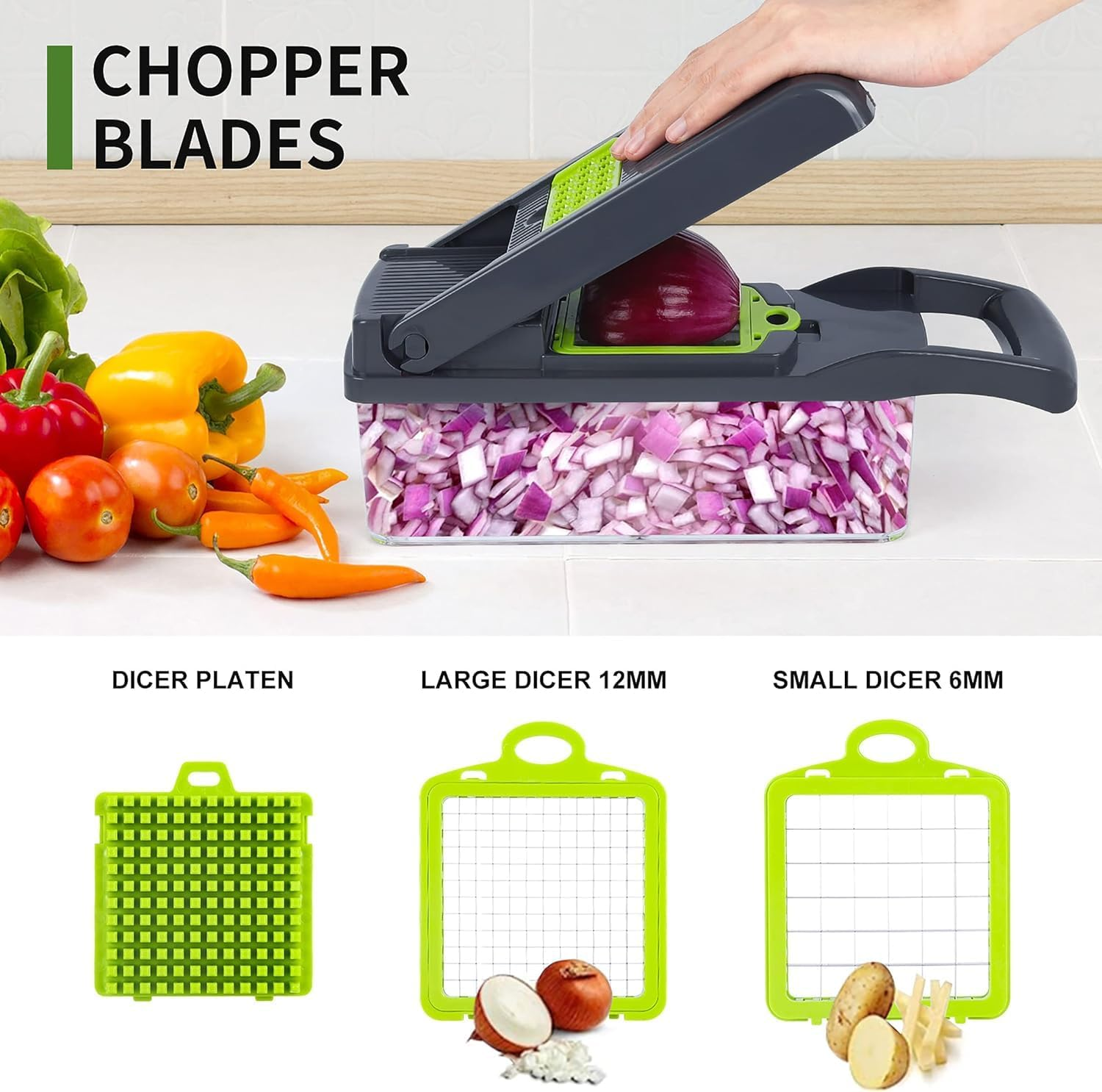 Vegetable Chopper and Slicer, 14 in 1 Mandoline Slicer with Stainless Steel Blades and Container, Multifunctional Onion Chopper and French Fry Cutter - Easy to Clean and Safe for Vegetables and Fruits image number 2