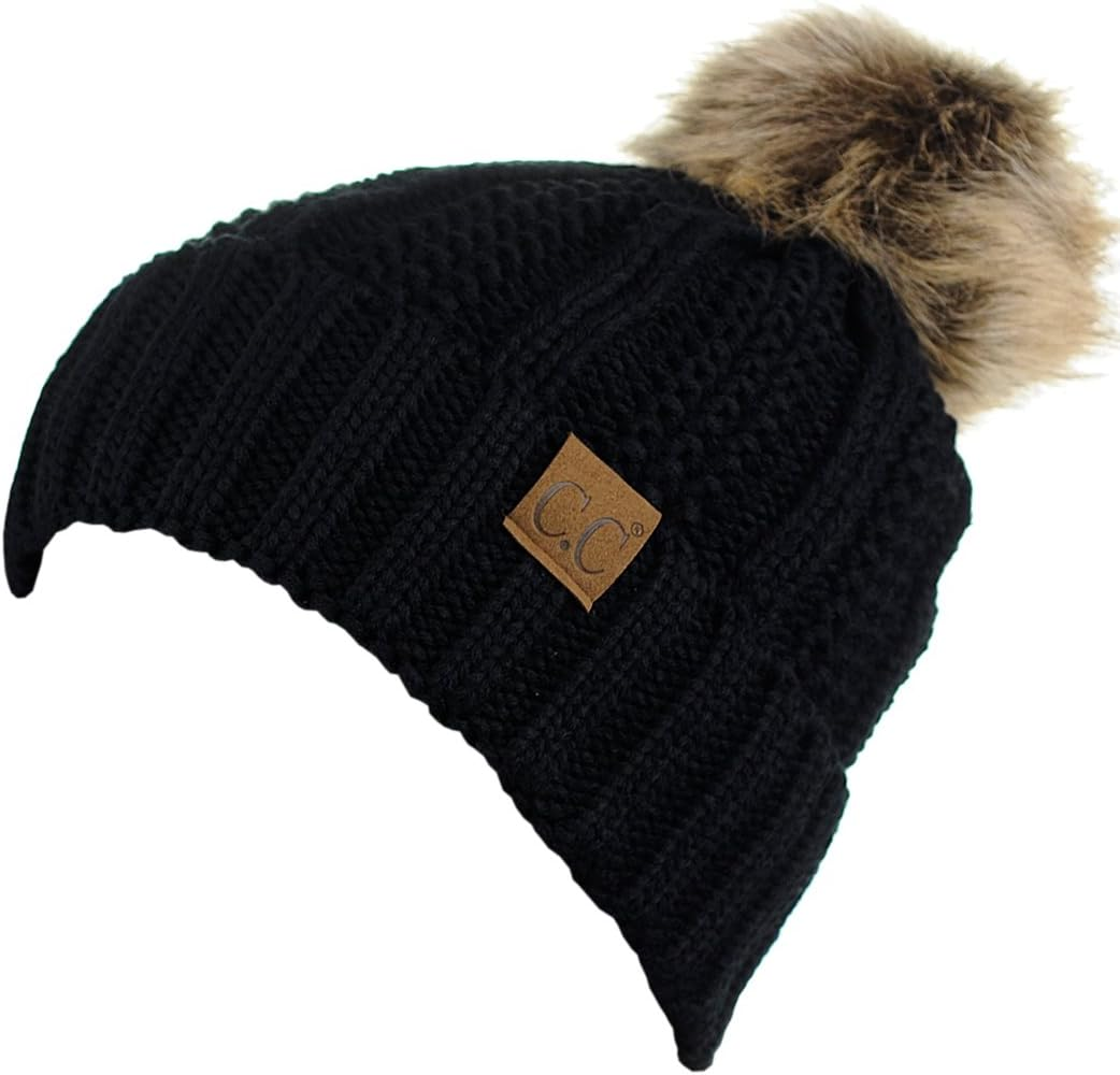 C.C Thick Cable Knit Faux Fuzzy Fur Pom Fleece Lined Skull Cap Cuff Beanie - 2 Tone Black/Dark Beige image number 7