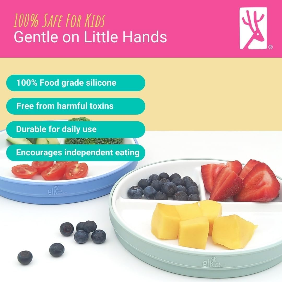 Elk and Friends Kids 6.7&rdquo; Porcelain White Divided Plates with Silicone Sleeves | Suitable for Babies/Toddlers | Microwave & Dishwasher Safe | Non Slip Dinnerware | Snack Dishes | 4 Pack