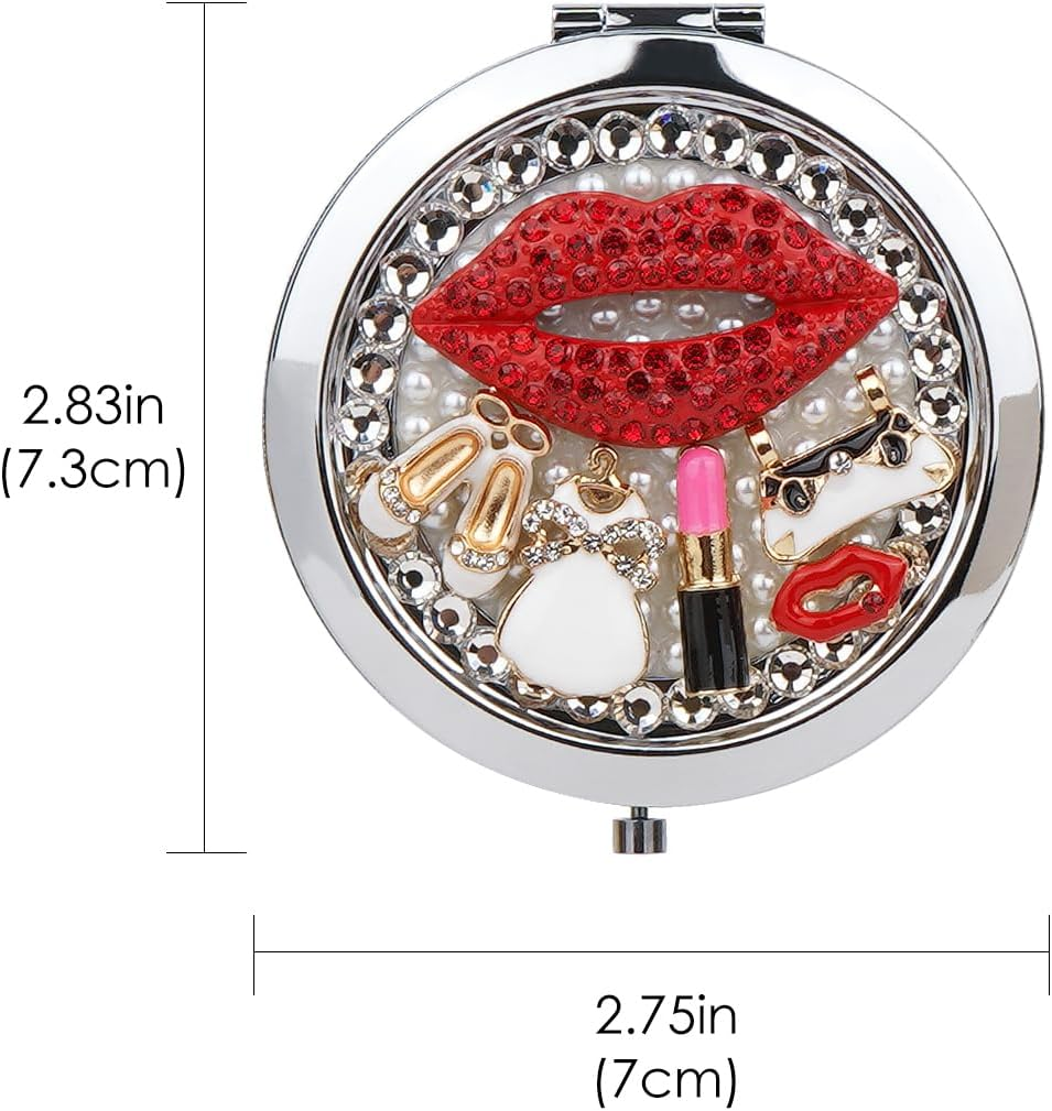 JANKOW Red Lips Mirror, Rhinestone Compact Mirror, Pearl Makeup Mirror Travel Vanity Mirror Beauty Mirror Make up Mirror Double-Sided Makeup Mirror, for Women and Girl Travel Makeup Mirror (1 Pcs) image number 2