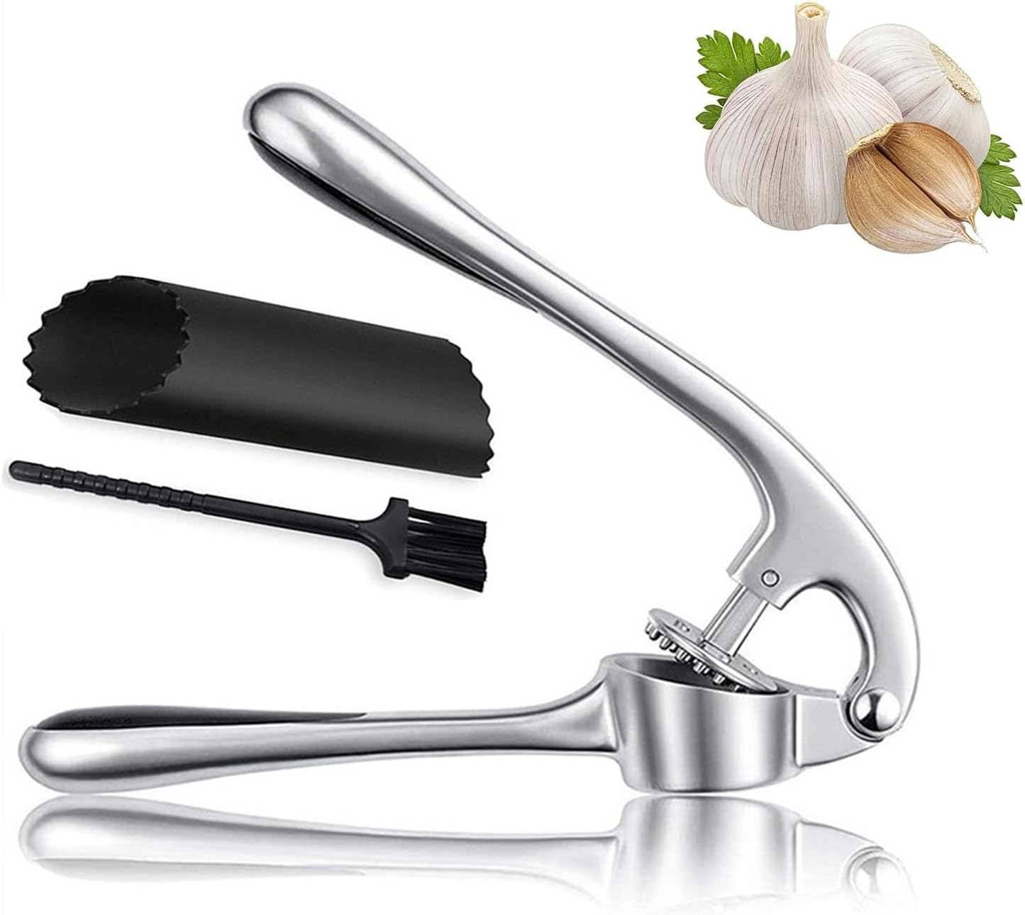 Garlic Press, Garlic Cutter with Garlic Peeler and Cleaning Brush, Garlic Cutter Garlic Press and Dishwasher Safe, Comfortable and Easy to Clean, Zinc, Silver image number 4