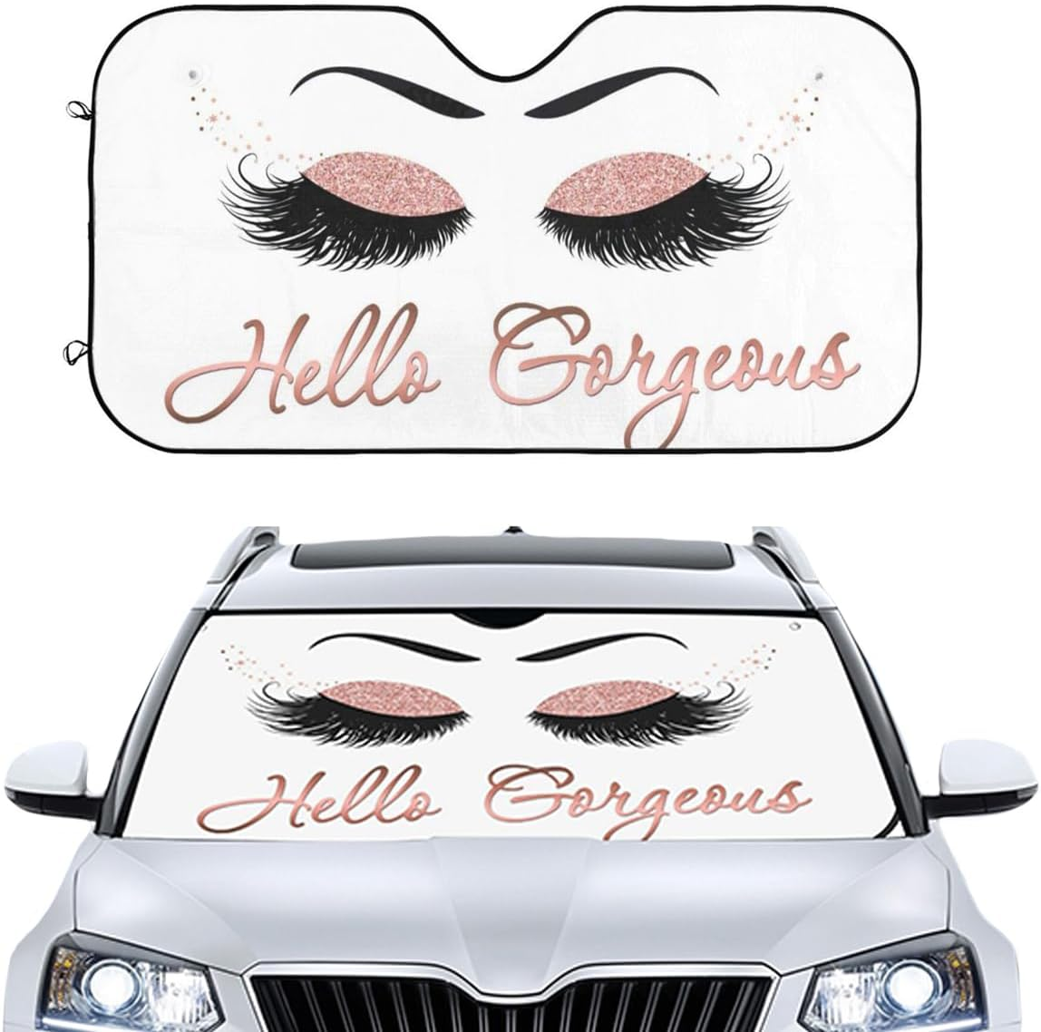 Car Windshield Sunshade, Purple Eyelash Front Window Sun Shades, Folding Block Sun Visor Protector for Car, Sedan, Truck, SUV, Womens Cute Auto Interior Accessories 51X27.5 In