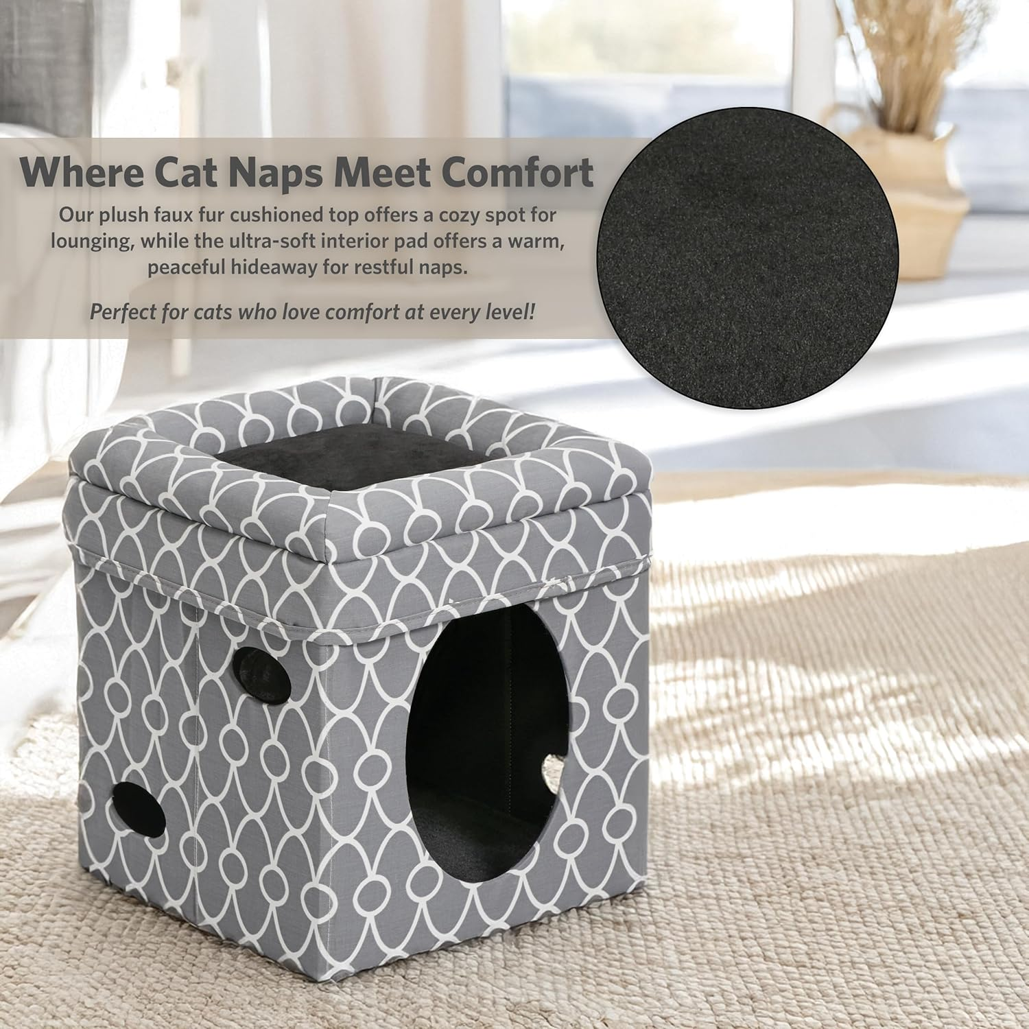 Cat Cube Cozy Cat House/Cat Condo in Fashionable Gray Geo Print 15.5L X 15.5W X 16.5H Inches image number 5
