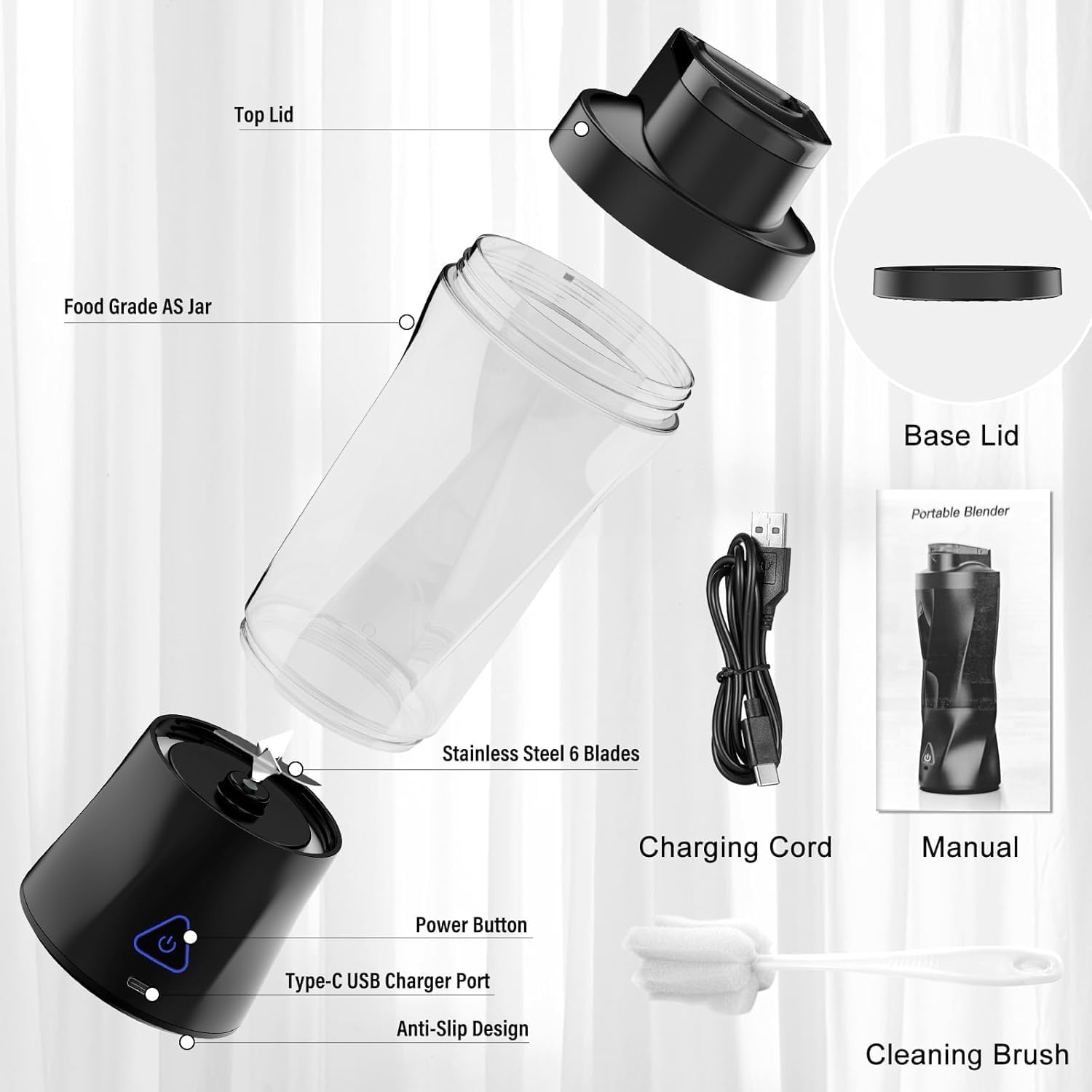 Portable Blender, 360 Watt Personal Blender for Shakes and Smoothies, 6000Mah USB Rechargeable, BPA Free 24 Oz Juicer Cup with 6 Blades and Lid, Self Cleaning Portable Juicer for Kitchen, Black image number 1