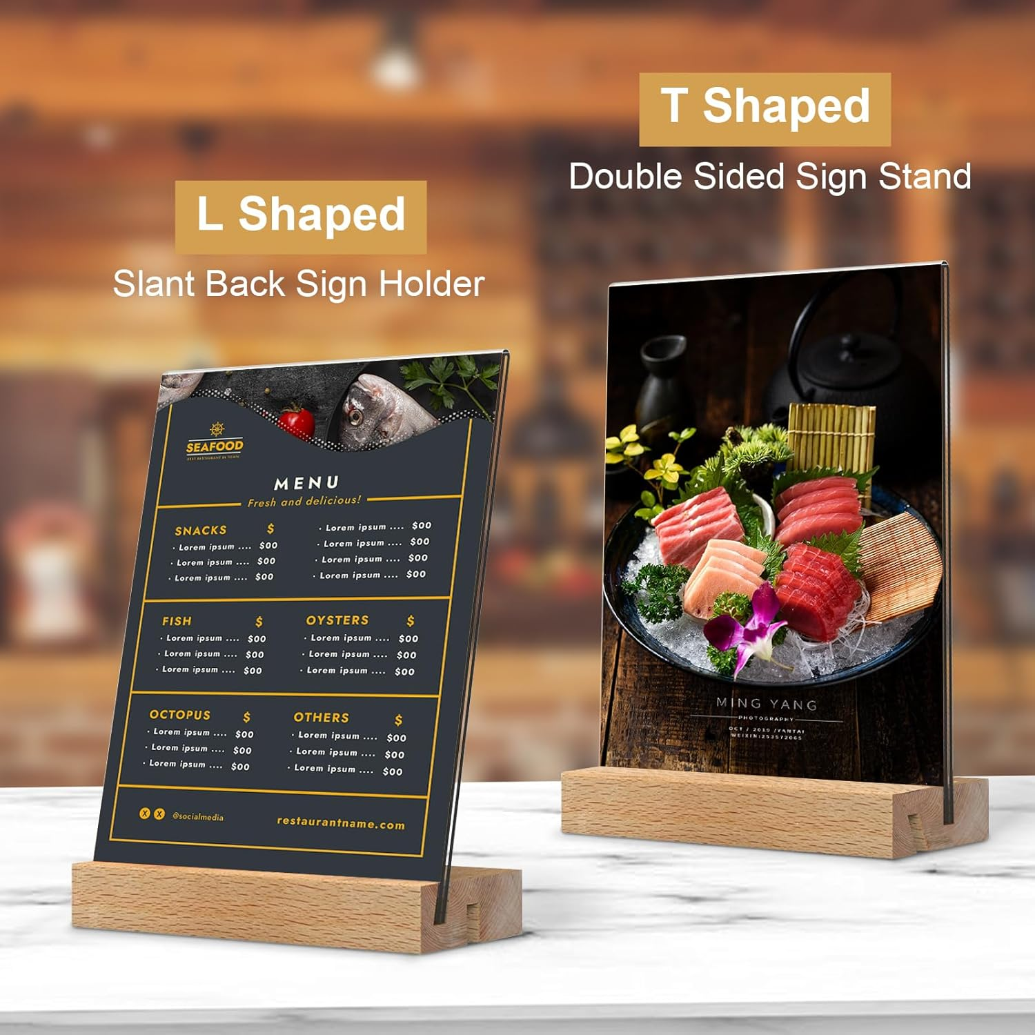 3 Pack Acrylic Sign Holder&ndash; Double-Sided Tabletop Display Stand with Wooden Base, Vertical & Slant Back &ndash; Perfect for Wedding Menus, Table Numbers, Restaurants, Retail, Office, Vendor Booth, QR Codes image number 2