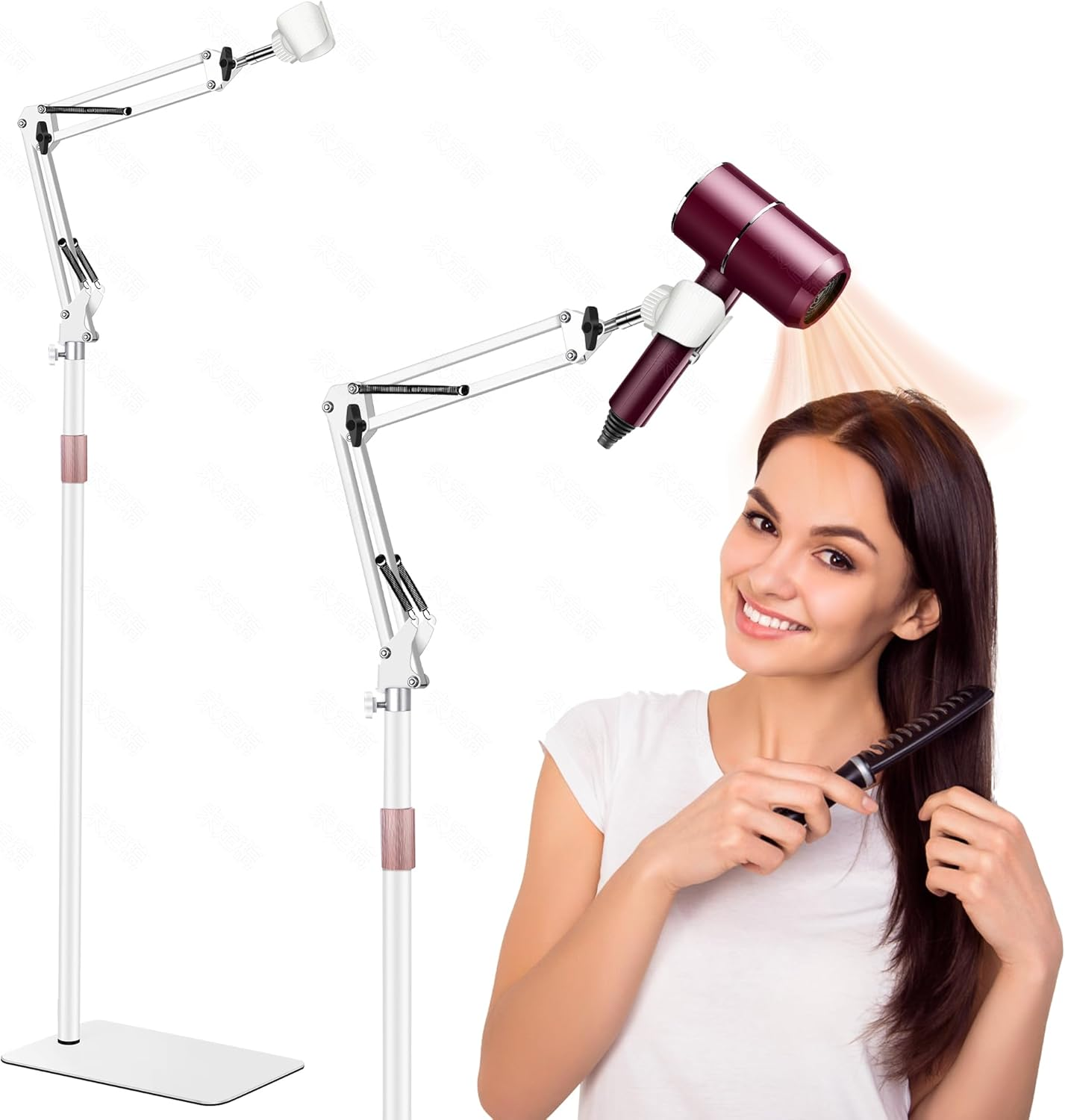 Hair Dryer Stand, 1.68M Height Adjustable, Hands Free Blow Dryer Holder with Heavy Base, 360 Degree Rotating, Work with 99% Dryers, Gift for Mom, Elder, Frozen Shoulder - White