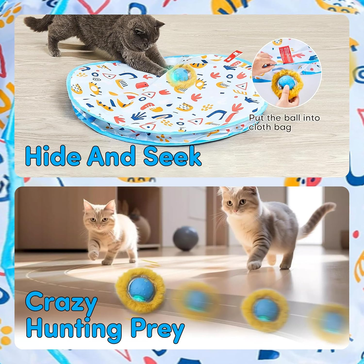 'Brylex Interactive Cat Toys, Motion-Activated Rolling Ball with Play Mat, Automatic Hide-And-Seek Game, Fast & Slow Modes, USB Rechargeable Cat Enrichment Toy, 28'' Play Mat' image number 1
