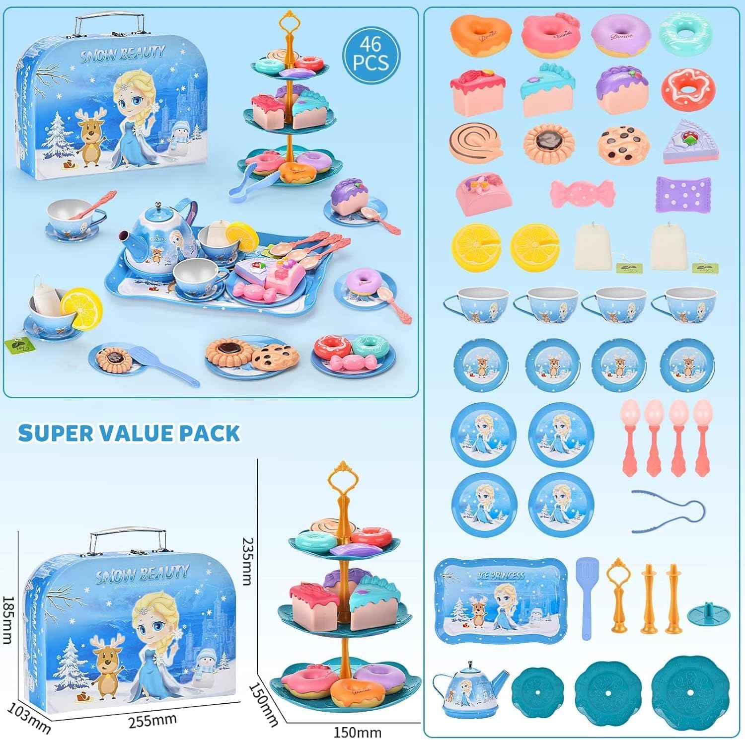 MINNOT Tea Party Set for Little Girls - Frozen Toys for Girls - Elsa Princess 46 Pack Kids Kitchen Pretend Toy with Tin Tea Set, Desserts & Carrying Case - Birthday Gift for Age 3 4 5 6 Year Olds image number 6