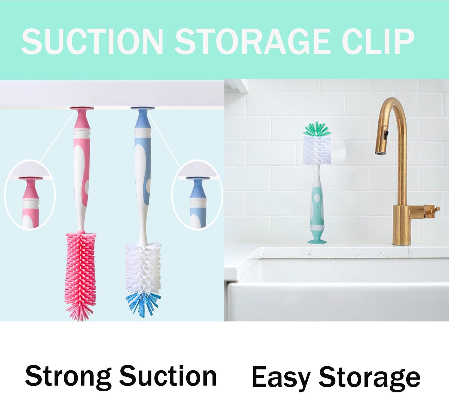 Baby Bottle Cleaner 4 in 1, Bottle Brush Set, with 1P Nylon Bottle Brush, 1P Bottle Cap Brushes, 2P Straw Brushes, Bottle Brush with Nipple Cleaner and Suction Cup, Bpa-Free(Green) image number 4