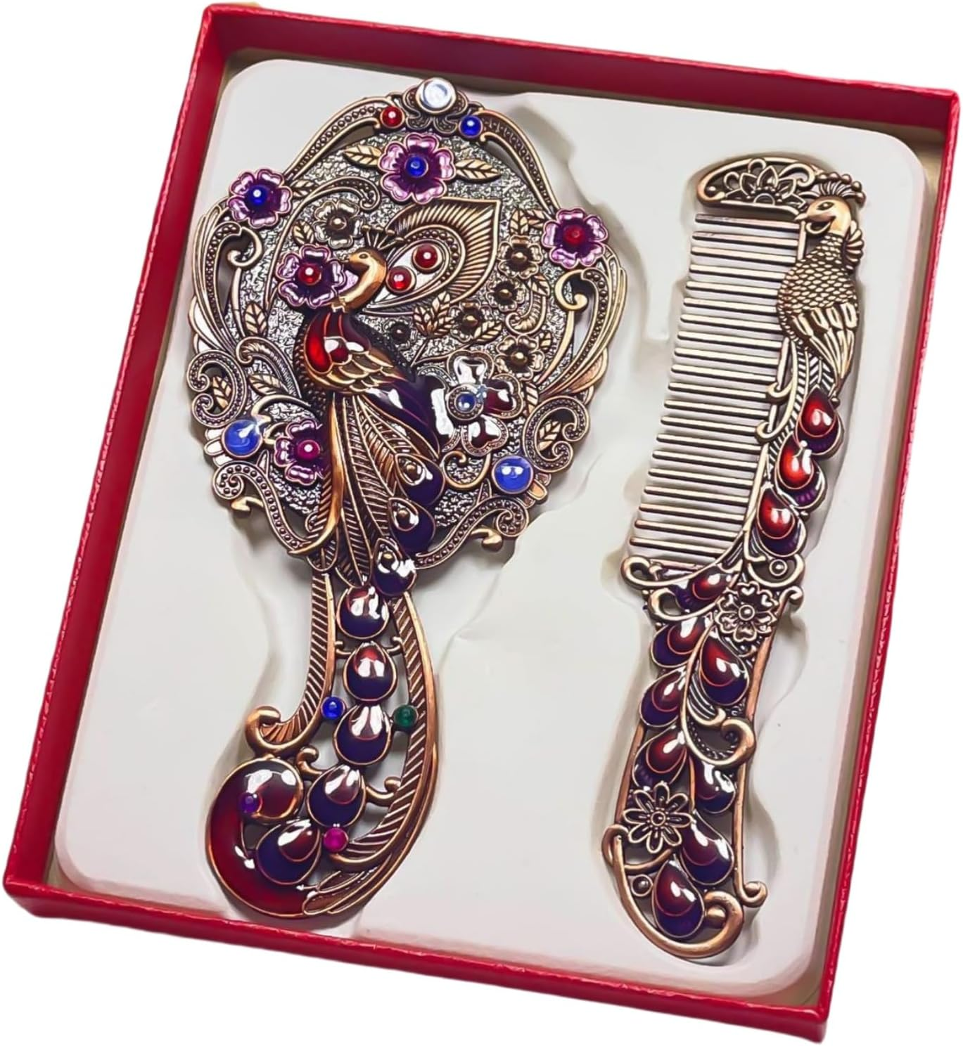 Vintage Peacock Hand Mirror and Comb Set, Bronze Metal, Antique Victorian Style, 2-Piece Vanity Gift Set